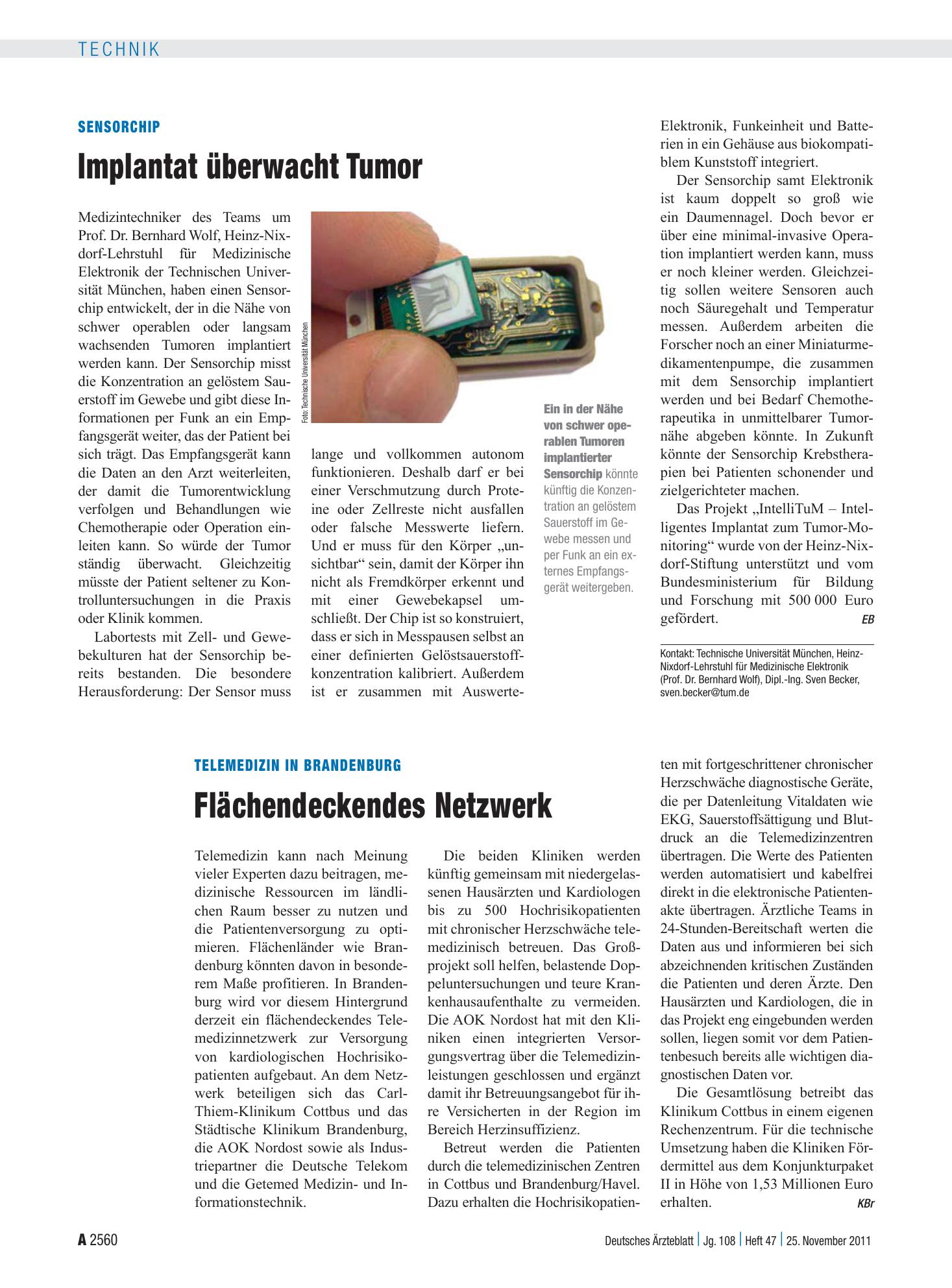 Vorschauseite 1: Sensorchip: Implantat überwacht Tumor – Deutsches Ärzteblatt