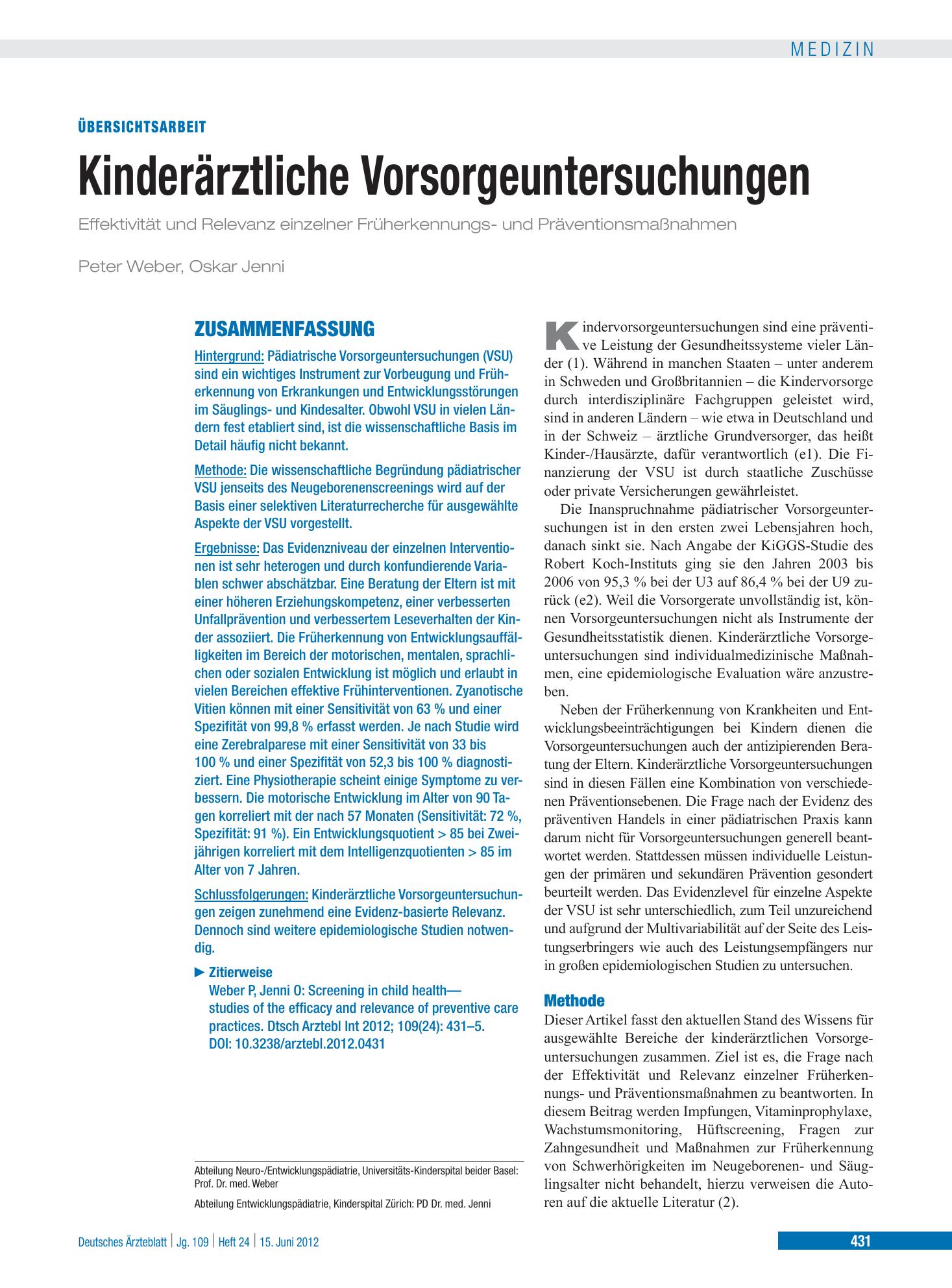 Vorschauseite 1: Kinderärztliche Vorsorgeuntersuchungen – Deutsches Ärzteblatt