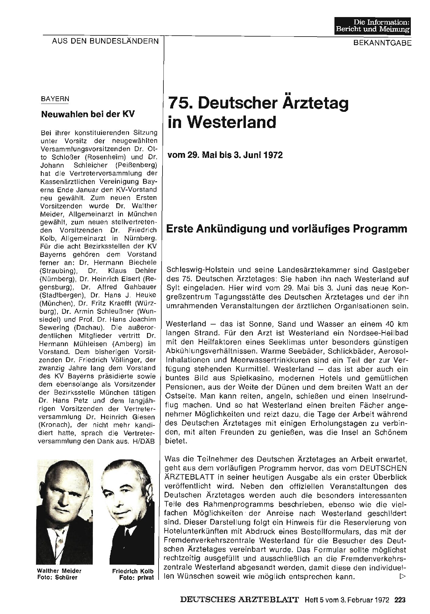 Vorschauseite 1: 75. Deutscher Ärztetag in Westerland vom 29. Mai bis 3. Juni 1972: Erste Ankündigung und vorläufiges Programm