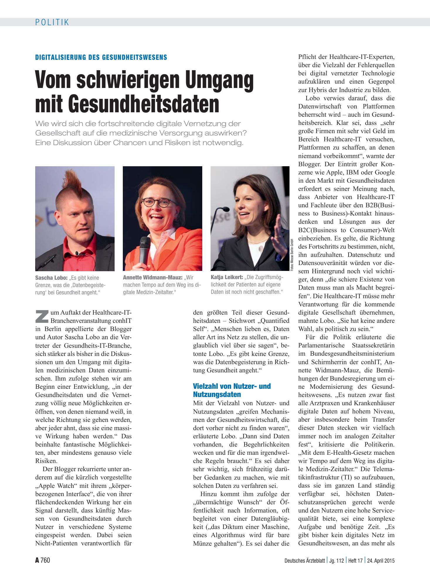 Vorschauseite 1: Digitalisierung des Gesundheitswesens: Vom schwierigen Umgang mit Gesundheitsdaten – Deutsches Ärzteblatt