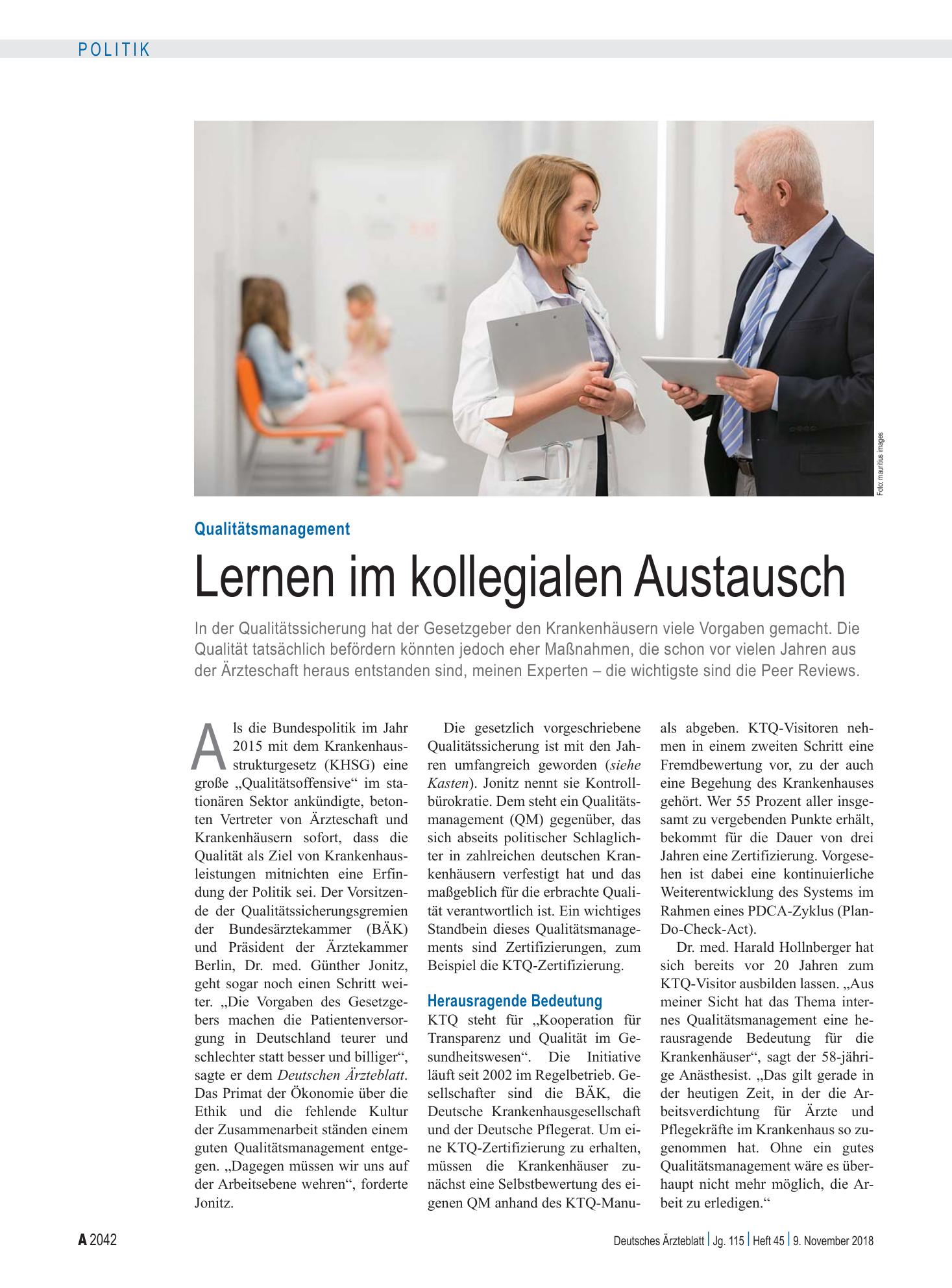 Vorschauseite 1: Qualitätsmanagement: Lernen im kollegialen Austausch – Deutsches Ärzteblatt