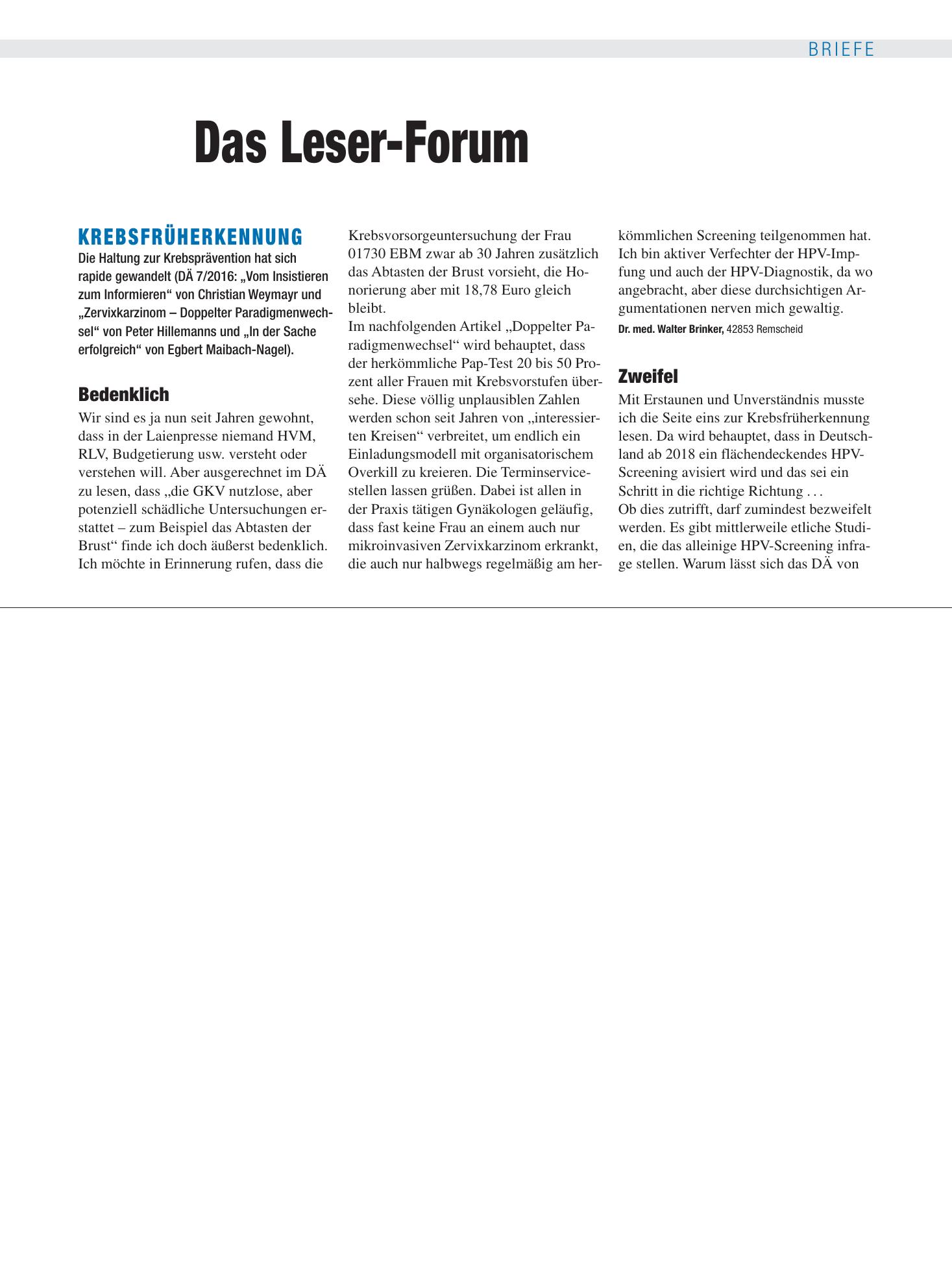Vorschauseite 1: Krebsfrüherkennung: Bedenklich – Deutsches Ärzteblatt