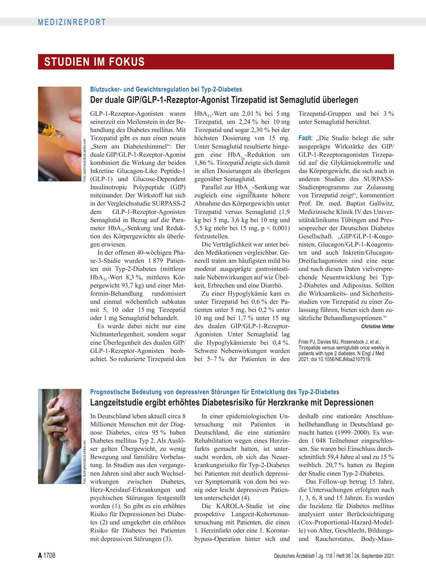 Vorschauseite 1: Blutzucker- und Gewichtsregulation bei Typ-2-Diabetes: Der duale GIP/GLP-1-Rezeptor-Agonist Tirzepatid ist Semaglutid überlegen – Deutsches Ärzteblatt