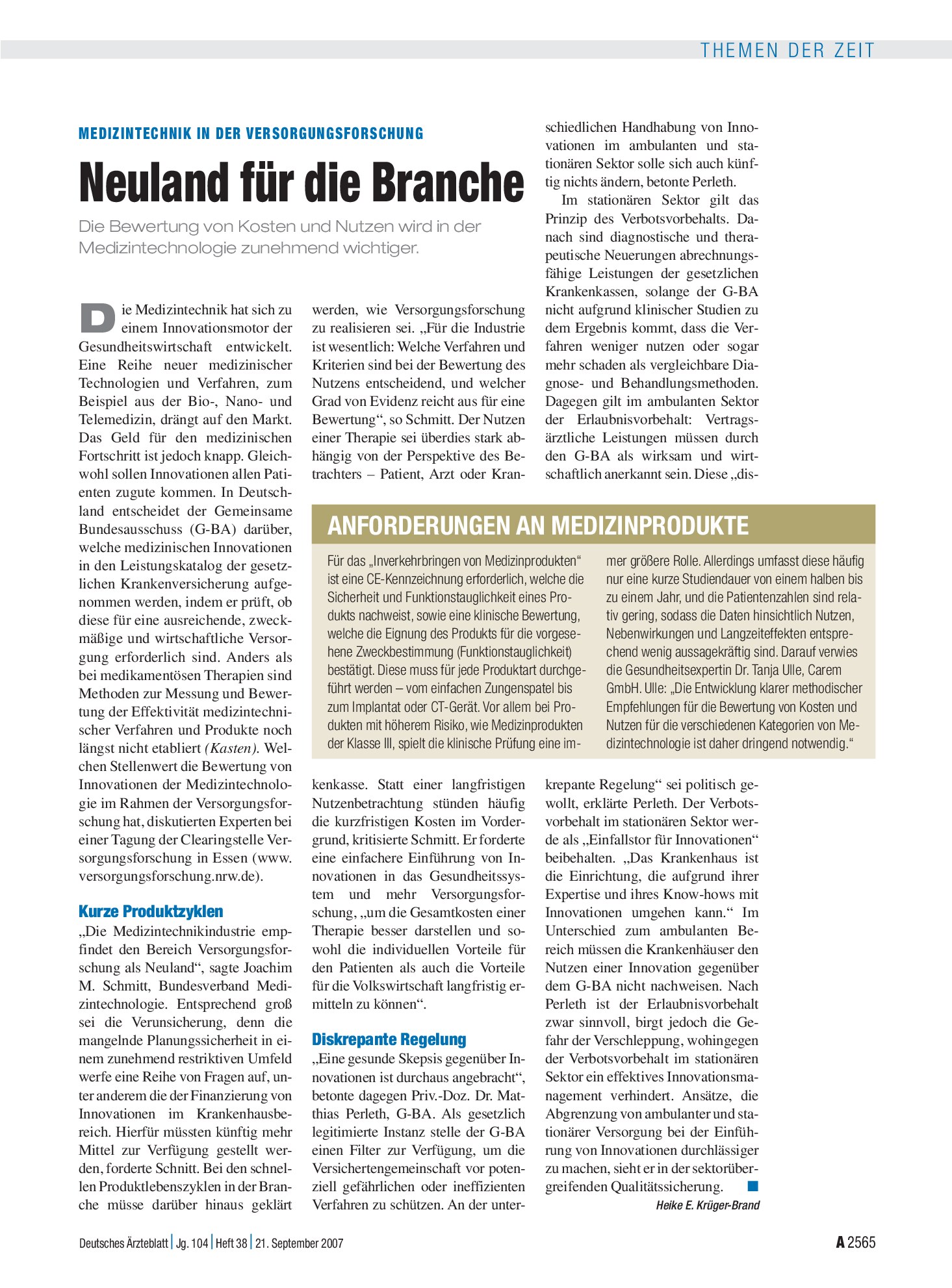 Vorschauseite 1: Medizintechnik in der Versorgungsforschung: Neuland für die Branche – Deutsches Ärzteblatt