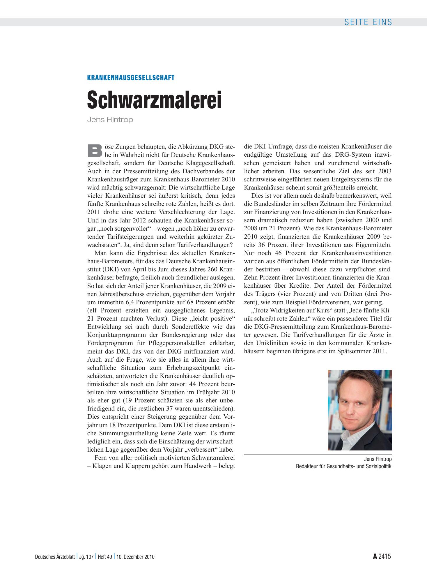 Vorschauseite 1: Krankenhausgesellschaft: Schwarzmalerei – Deutsches Ärzteblatt
