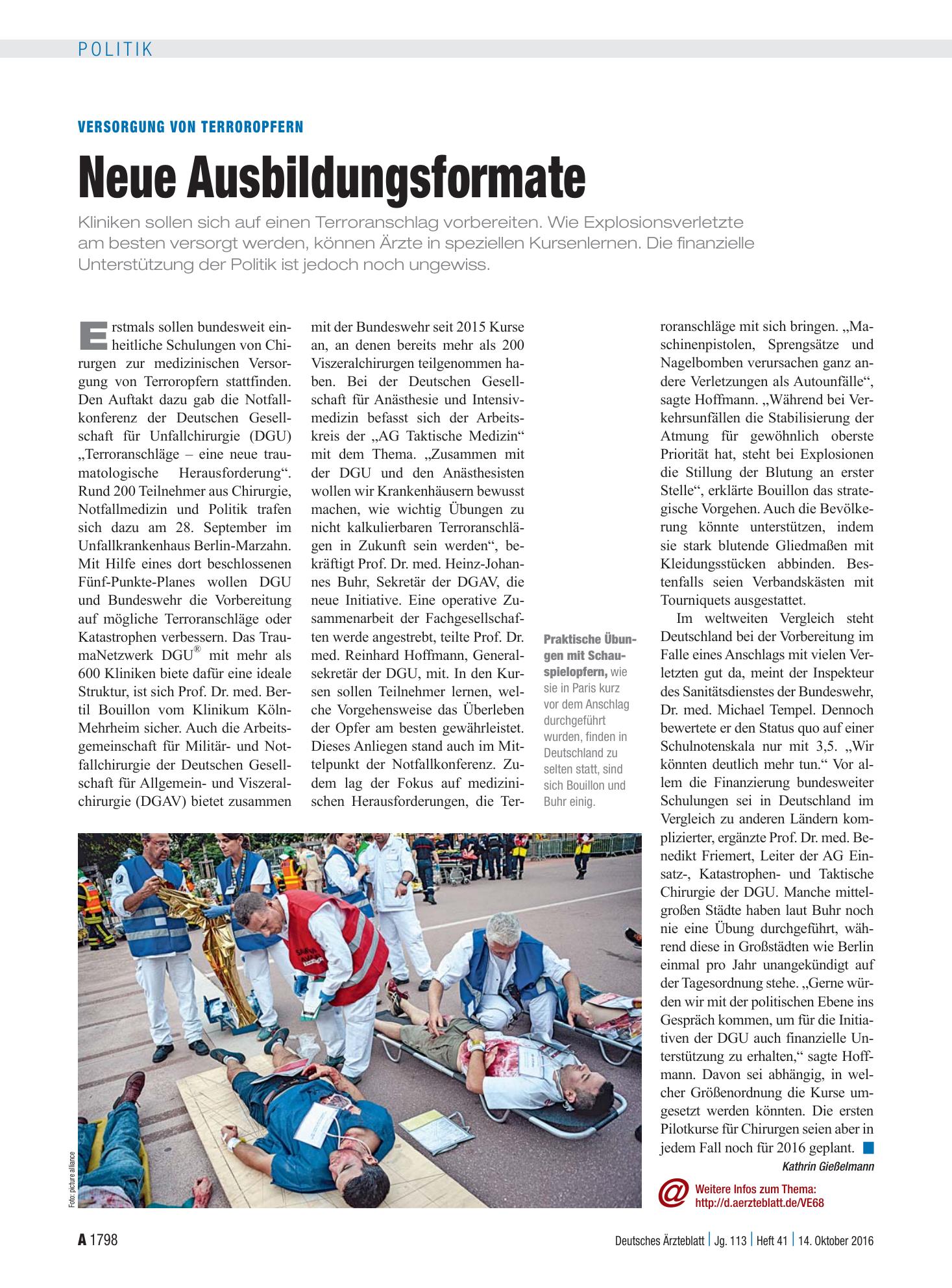 Vorschauseite 1: Versorgung von Terroropfern: Neue Ausbildungsformate – Deutsches Ärzteblatt