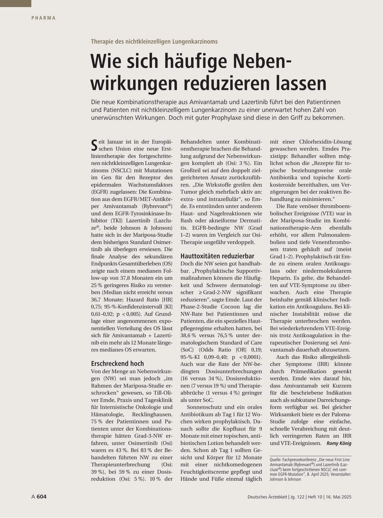 Vorschauseite 1: Therapie des nichtkleinzelligen Lungenkarzinoms: Wie sich häufige Nebenwirkungen reduzieren lassen – Deutsches Ärzteblatt