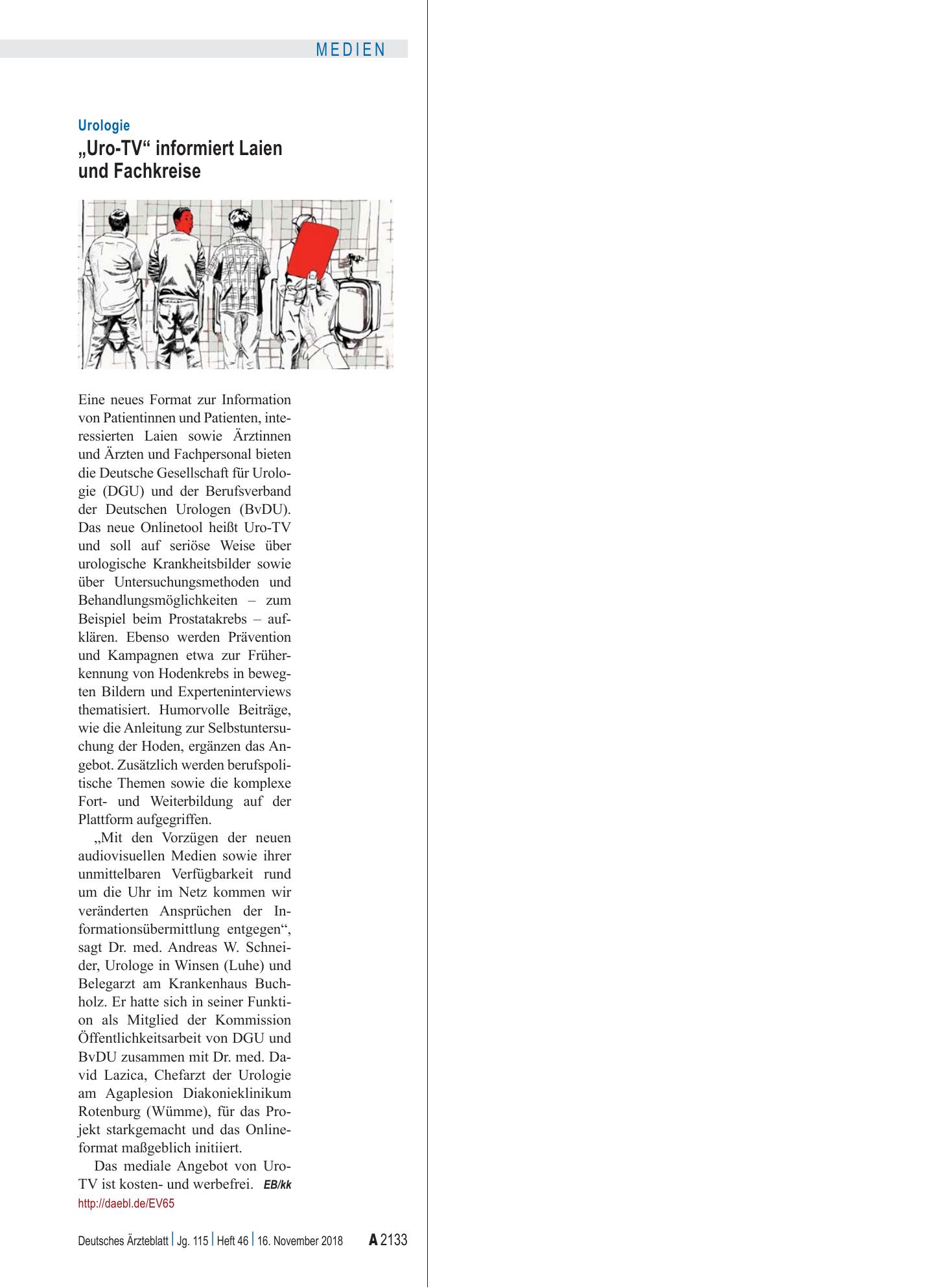 Vorschauseite 1: Urologie: „Uro-TV“ informiert Laien und Fachkreise – Deutsches Ärzteblatt
