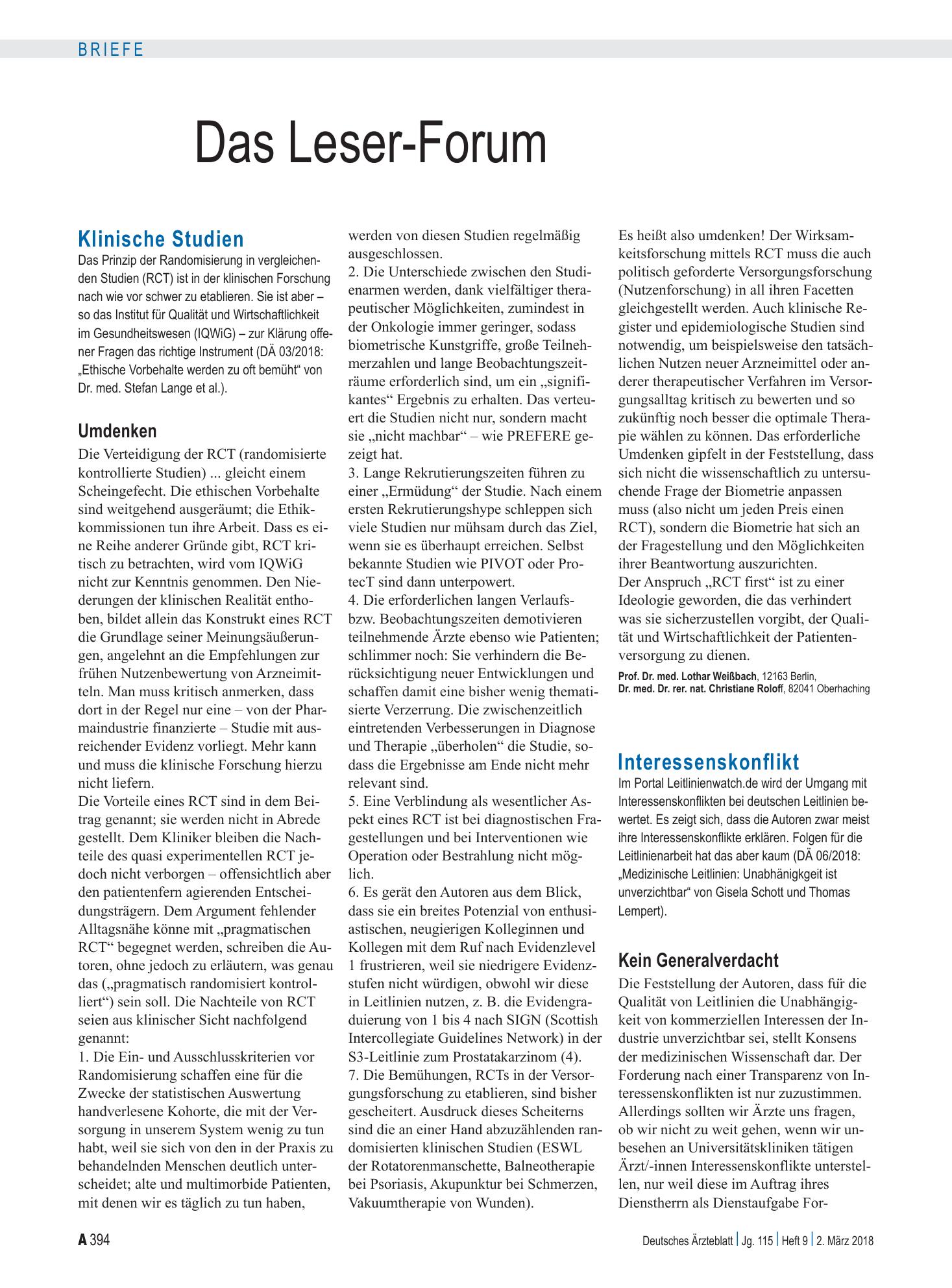 Vorschauseite 1: Klinische Studien: Umdenken – Deutsches Ärzteblatt