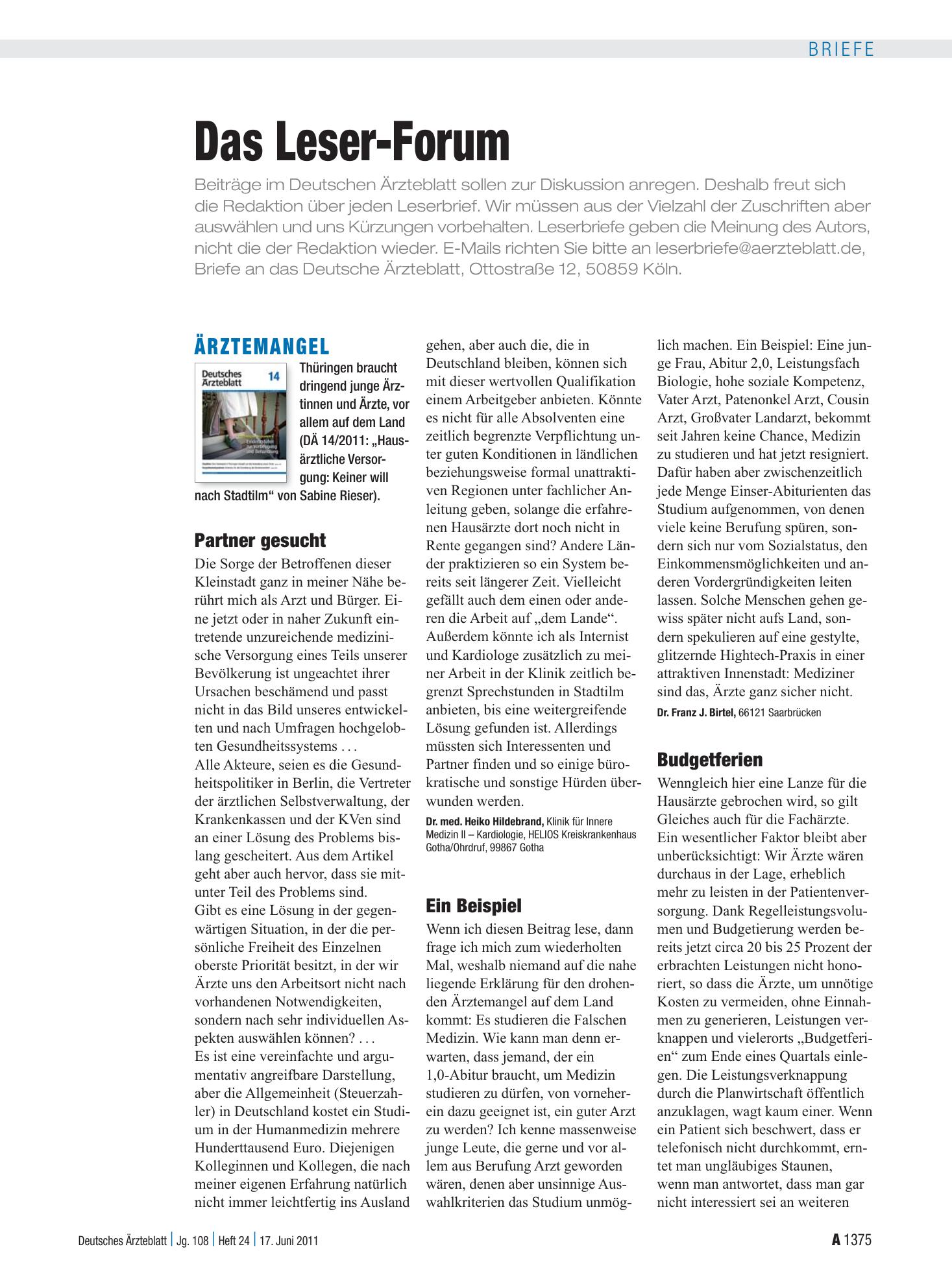 Vorschauseite 1: Ärztemangel: Ein Beispiel – Deutsches Ärzteblatt