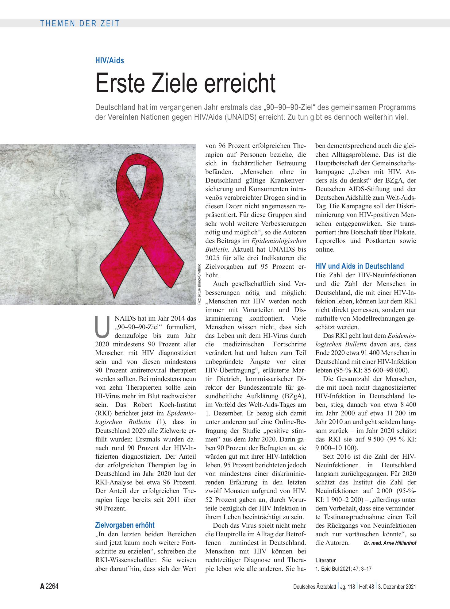Vorschauseite 1: HIV/Aids: Erste Ziele erreicht – Deutsches Ärzteblatt