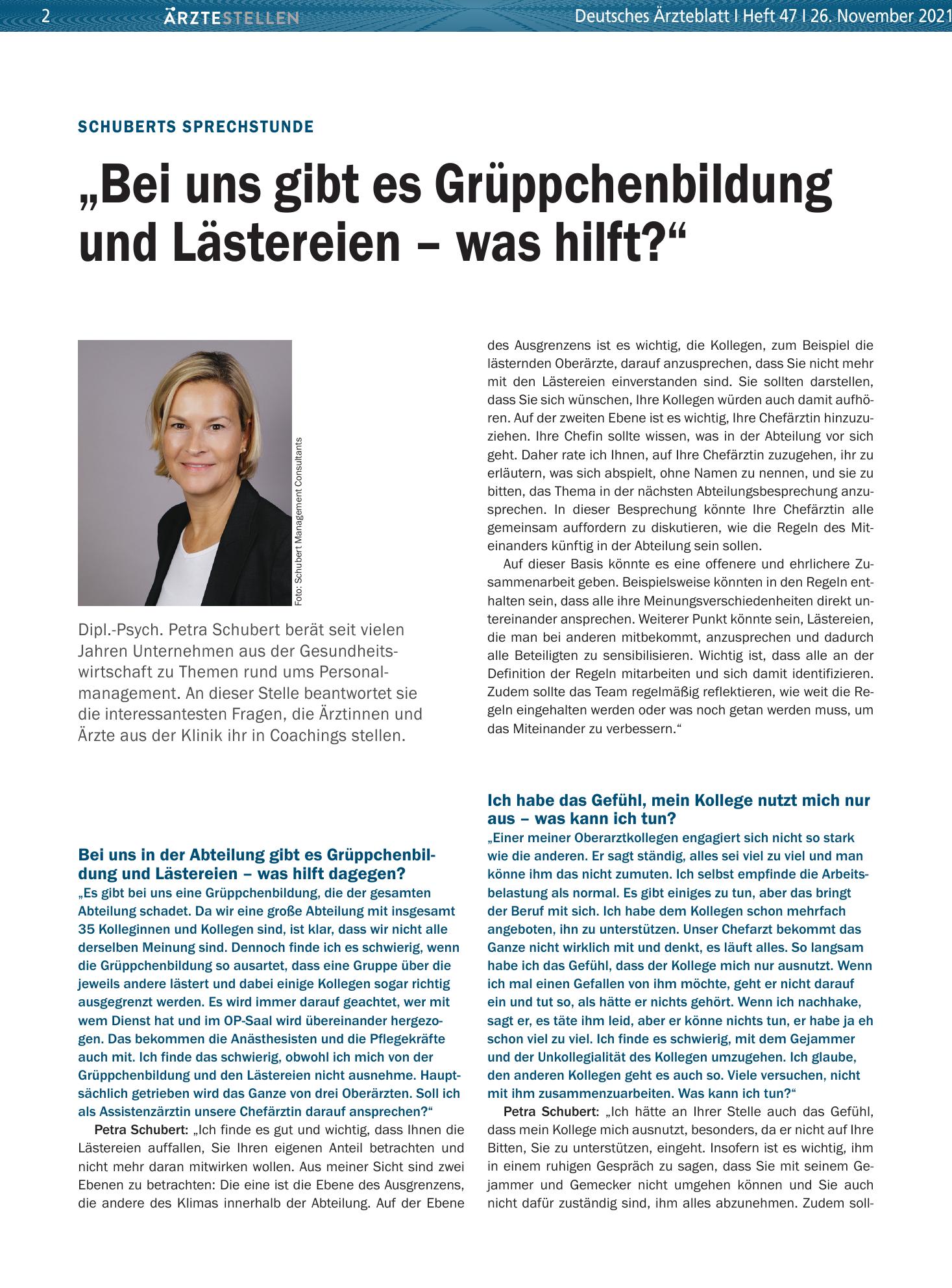 Vorschauseite 1: Schuberts Sprechstunde: „Bei uns gibt es Grüppchenbildung und Lästereien – was hilft?“ – Deutsches Ärzteblatt