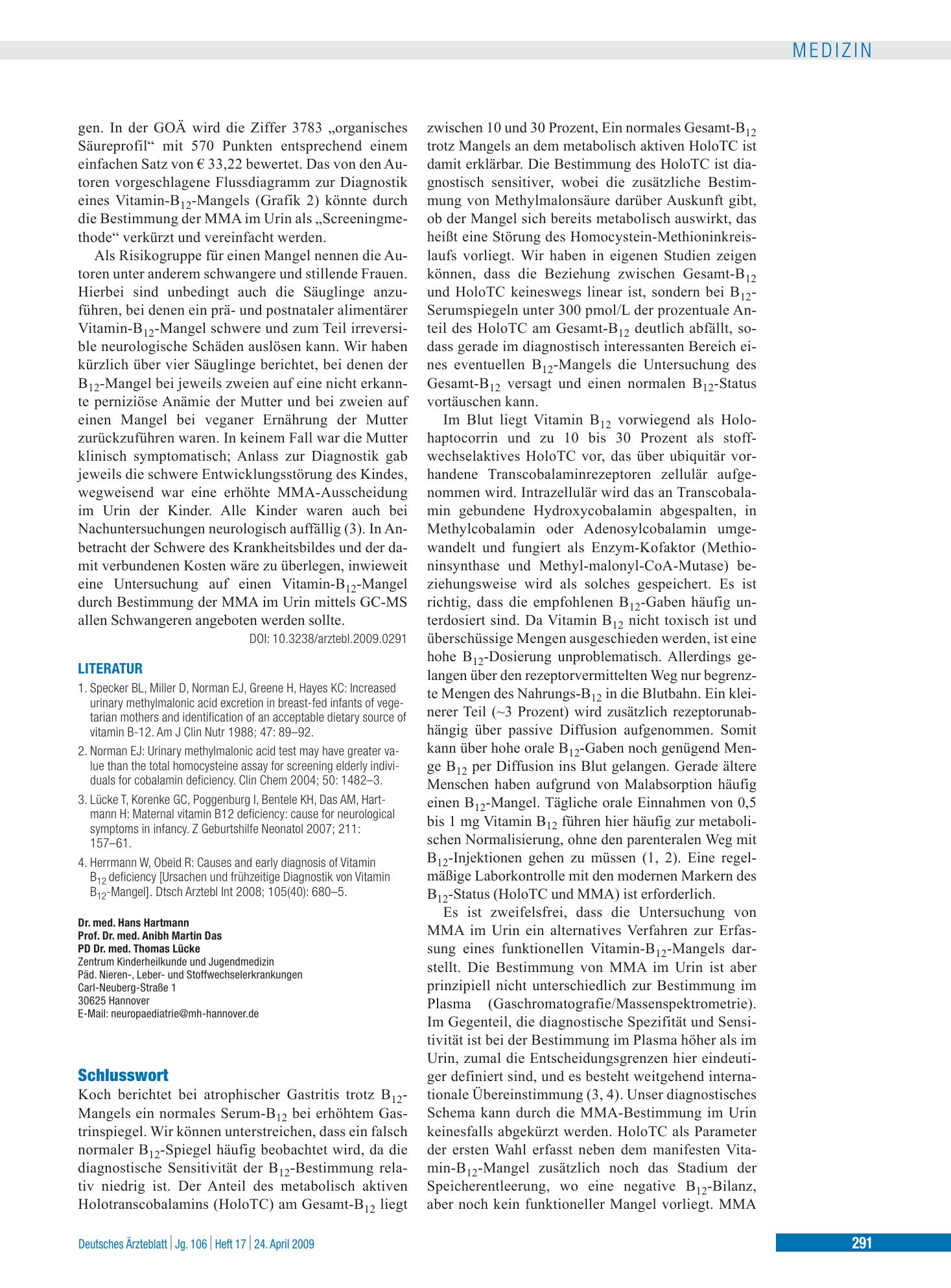 Vorschauseite 1: Ursachen und frühzeitige Diagnostik von Vitamin-B12-Mangel: Schlusswort – Deutsches Ärzteblatt