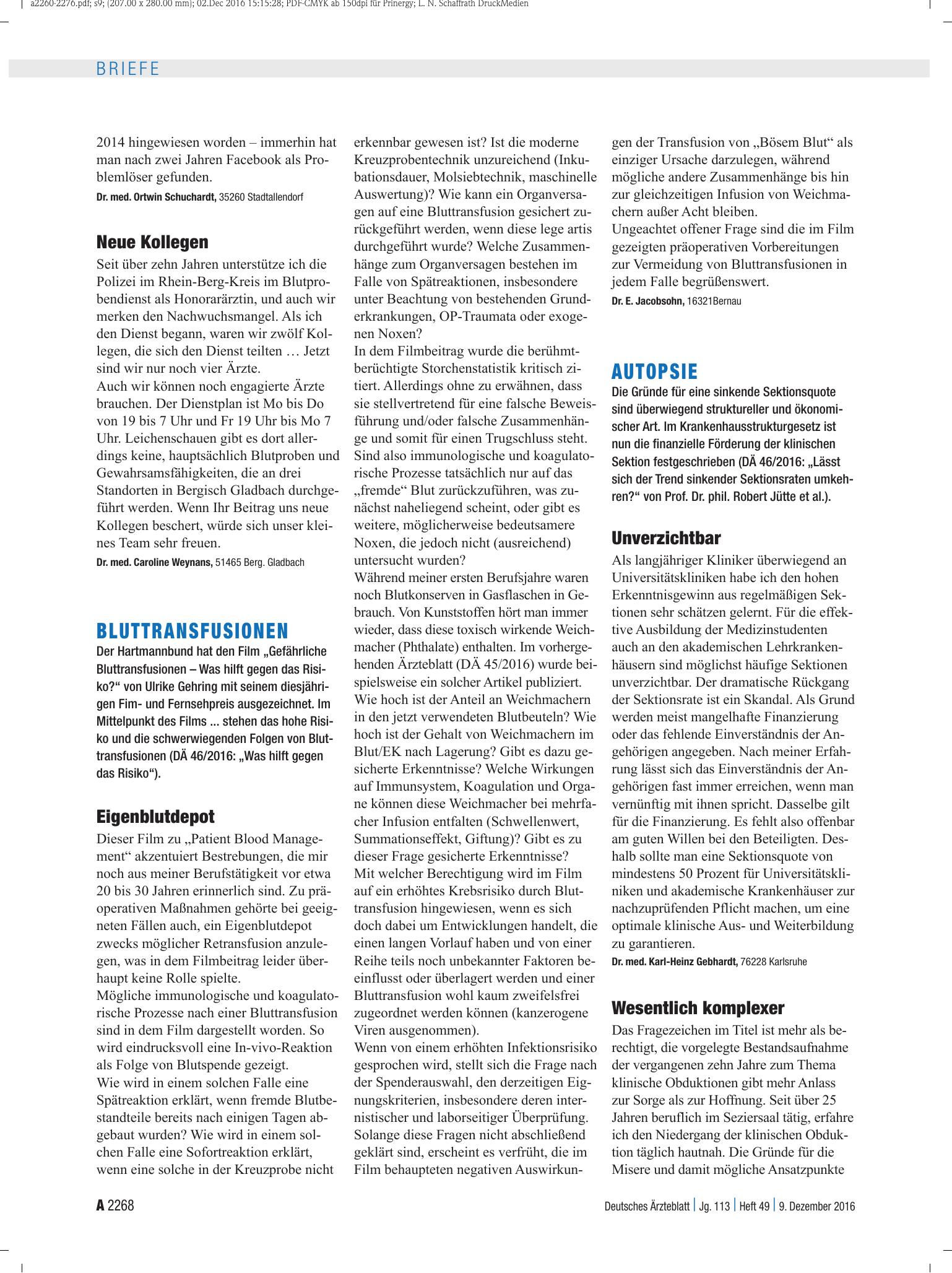 Vorschauseite 1: Bluttransfusionen: Eigenblutdepot – Deutsches Ärzteblatt