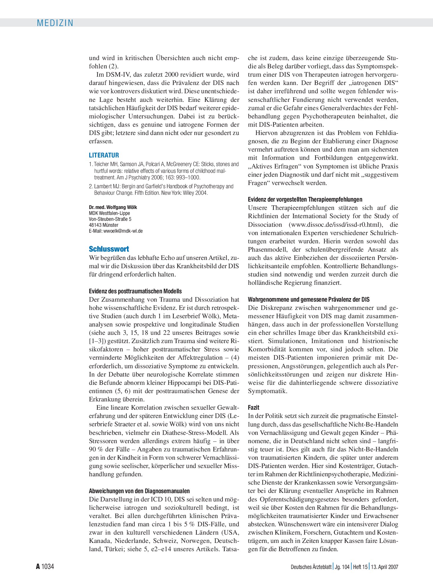 Vorschauseite 1: Die dissoziative Identitätsstörung – häufig fehldiagnostiziert: Schlusswort – Deutsches Ärzteblatt