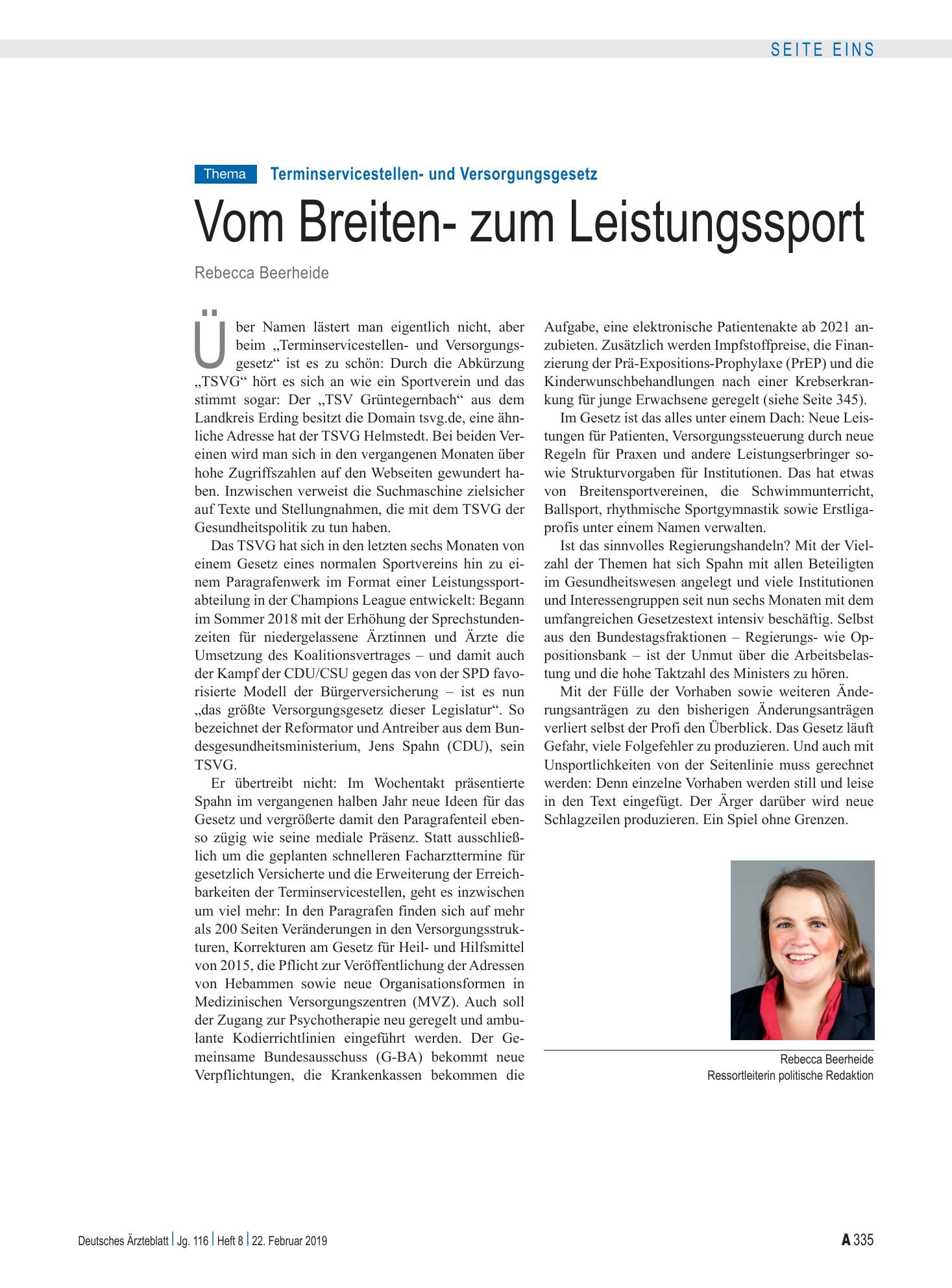 Vorschauseite 1: Terminservice- und Versorgungsgesetz: Vom Breiten- zum Leistungssport – Deutsches Ärzteblatt