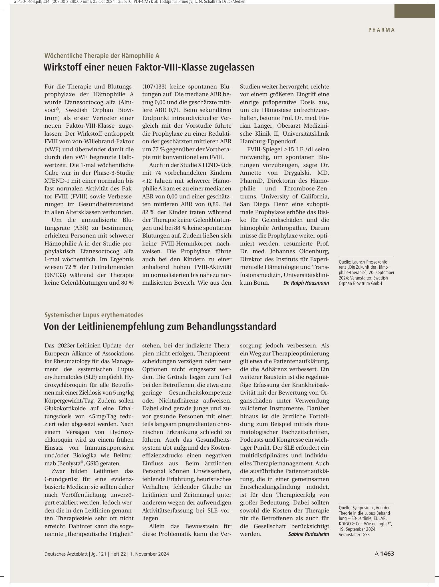 Vorschauseite 1: Systemischer Lupus erythematodes: Von der Leitlinienempfehlung zum Behandlungsstandard – Deutsches Ärzteblatt