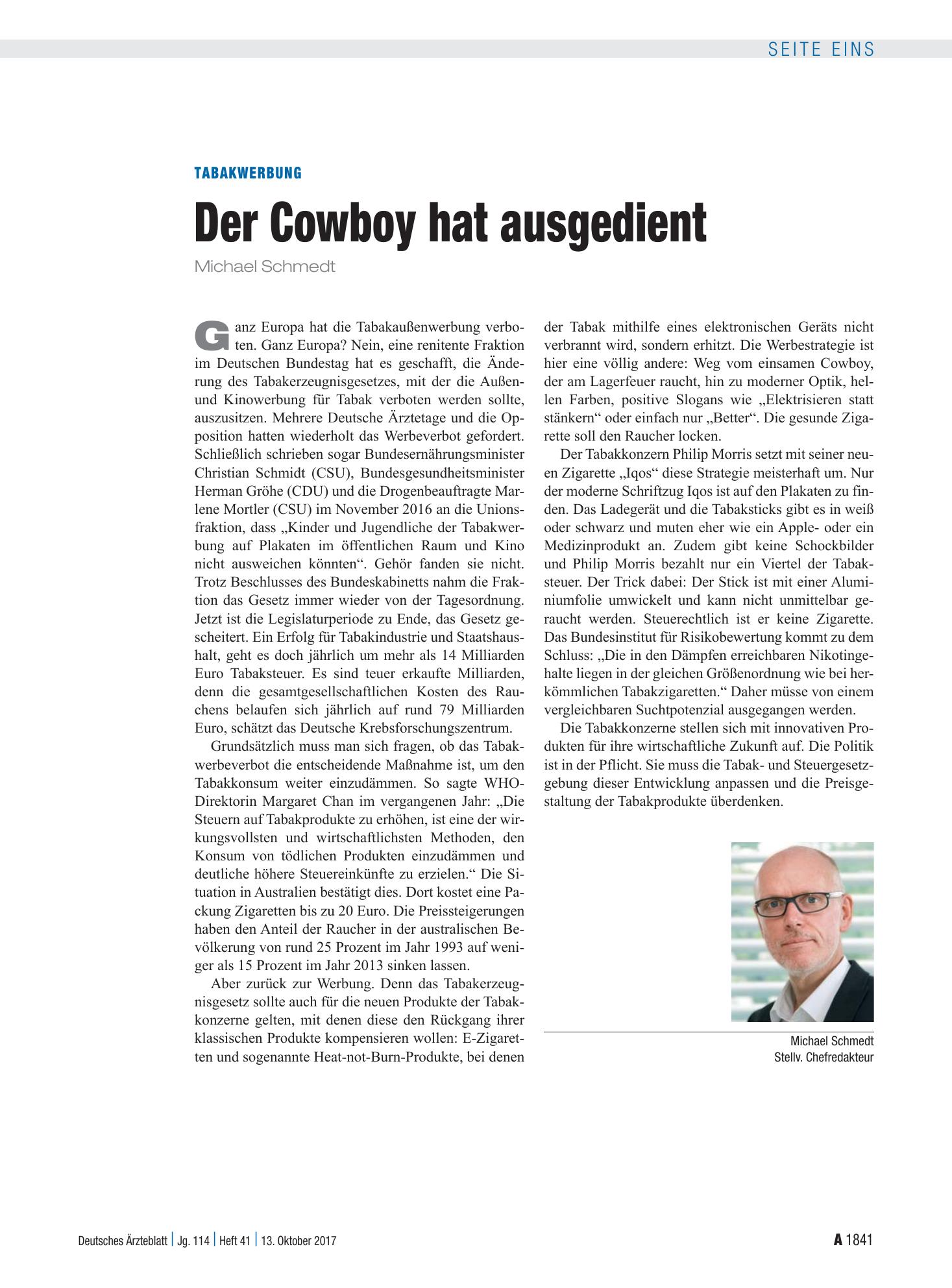 Vorschauseite 1: Tabakwerbung: Der Cowboy hat ausgedient – Deutsches Ärzteblatt
