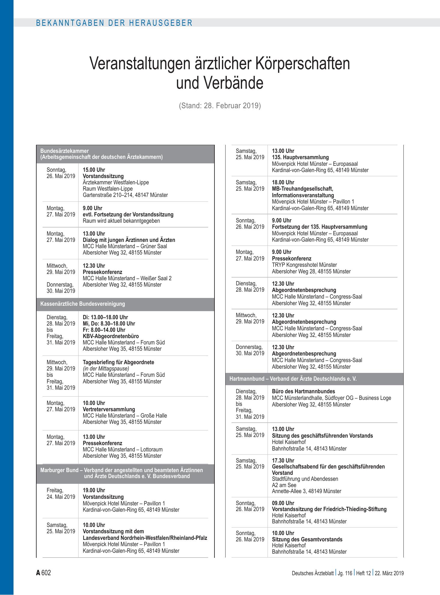 Vorschauseite 1: Veranstaltungen ärztlicher Körperschaften und Verbände – Deutsches Ärzteblatt