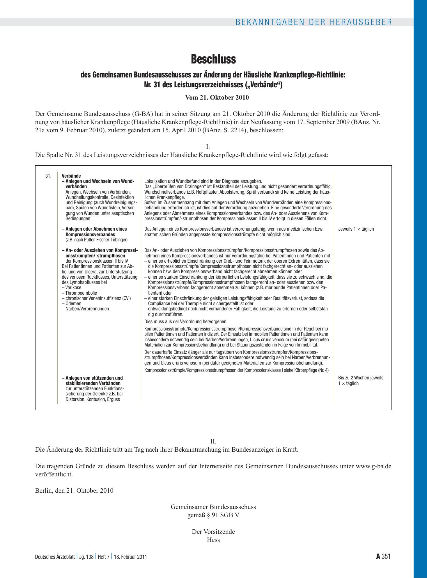 Vorschauseite 1: Beschluss des Gemeinsamen Bundesausschusses zur Änderung der Häusliche Krankenpflege-Richtlinie: Nr. 31 des Leistungsverzeichnisses („Verbände“) – Deutsches Ärzteblatt