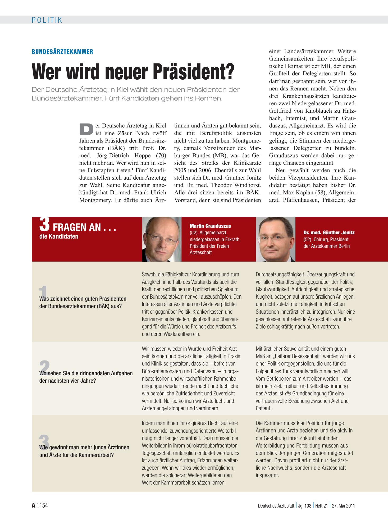 Vorschauseite 1: Bundesärztekammer: Wer wird neuer Präsident? – Deutsches Ärzteblatt