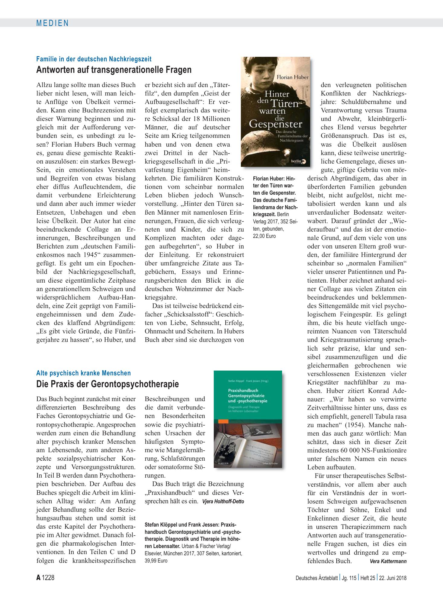 Vorschauseite 1: Alte psychisch kranke Menschen: Die Praxis der Gerontopsychotherapie – Deutsches Ärzteblatt
