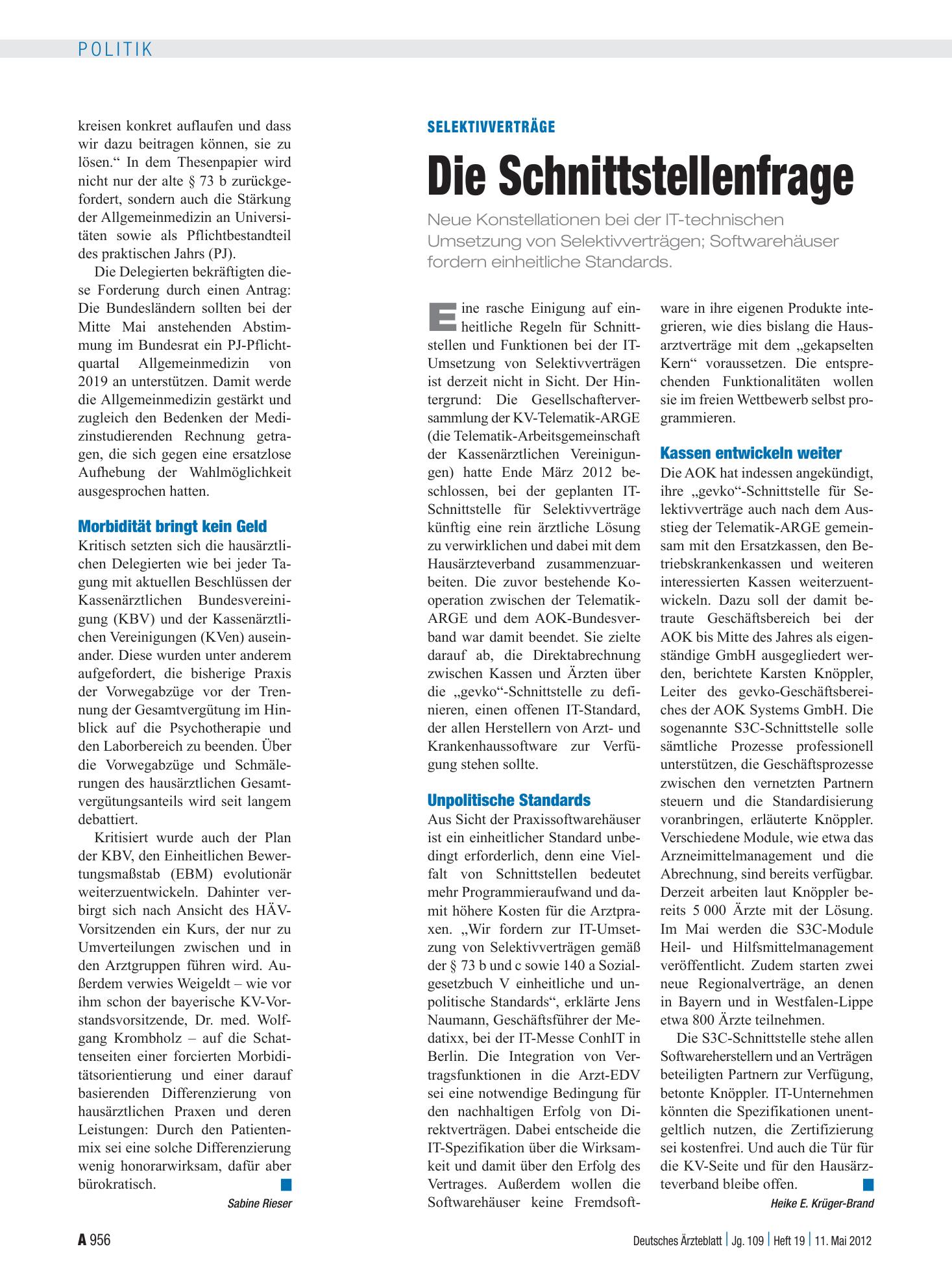 Vorschauseite 1: Selektivverträge: Die Schnittstellenfrage – Deutsches Ärzteblatt