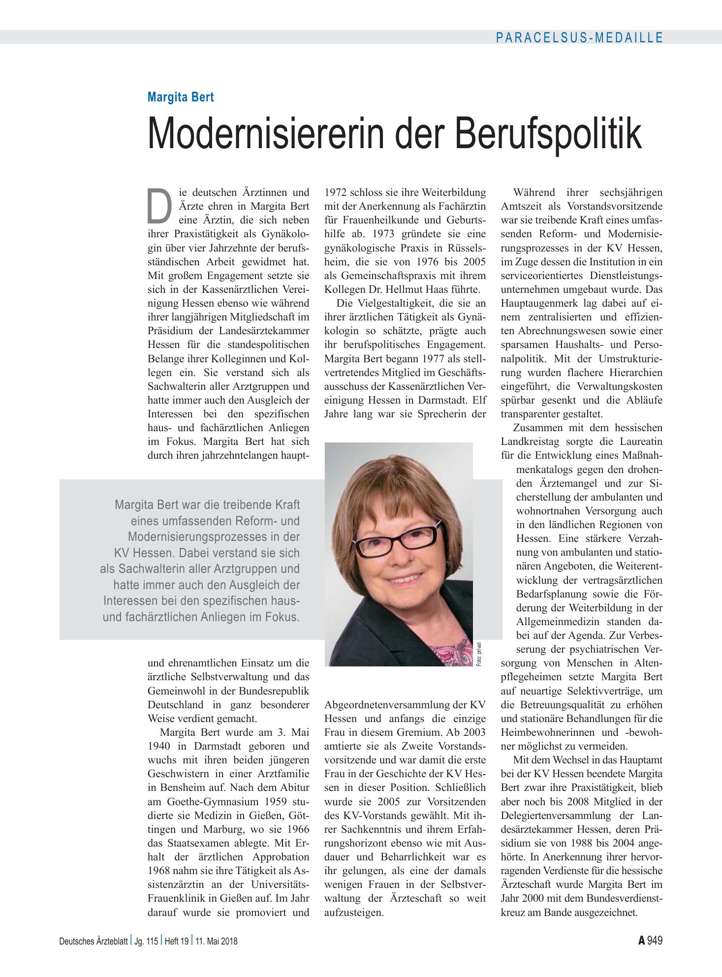 Vorschauseite 1: Margita Bert: Modernisiererin der Berufspolitik – Deutsches Ärzteblatt