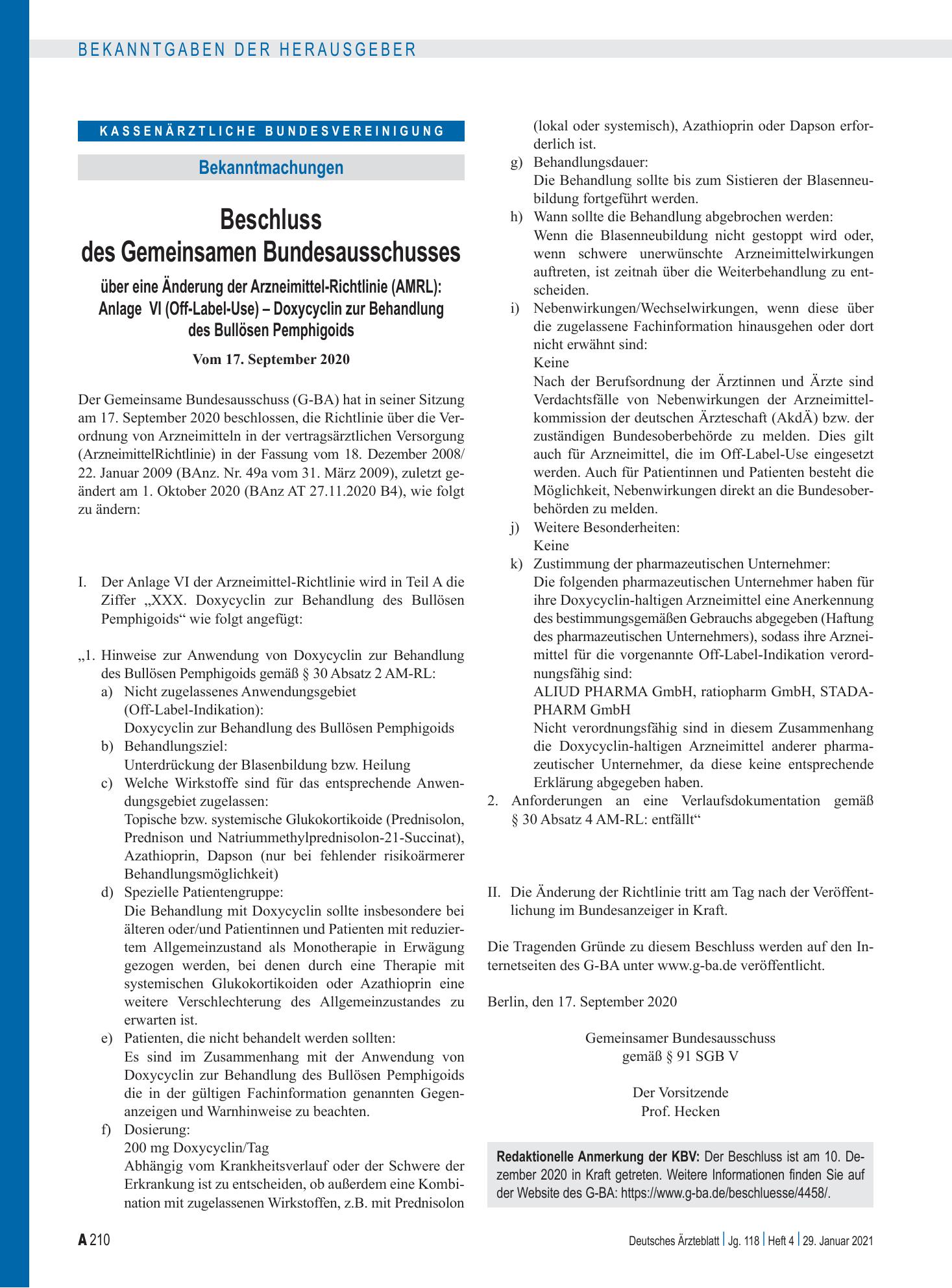 Vorschauseite 1: Beschluss des Gemeinsamen Bundesausschusses über eine Änderung der Arzneimittel-Richtlinie (AMRL): Anlage VI (Off-Label-Use) – Doxycyclin zur Behandlung des Bullösen Pemphigoids –…