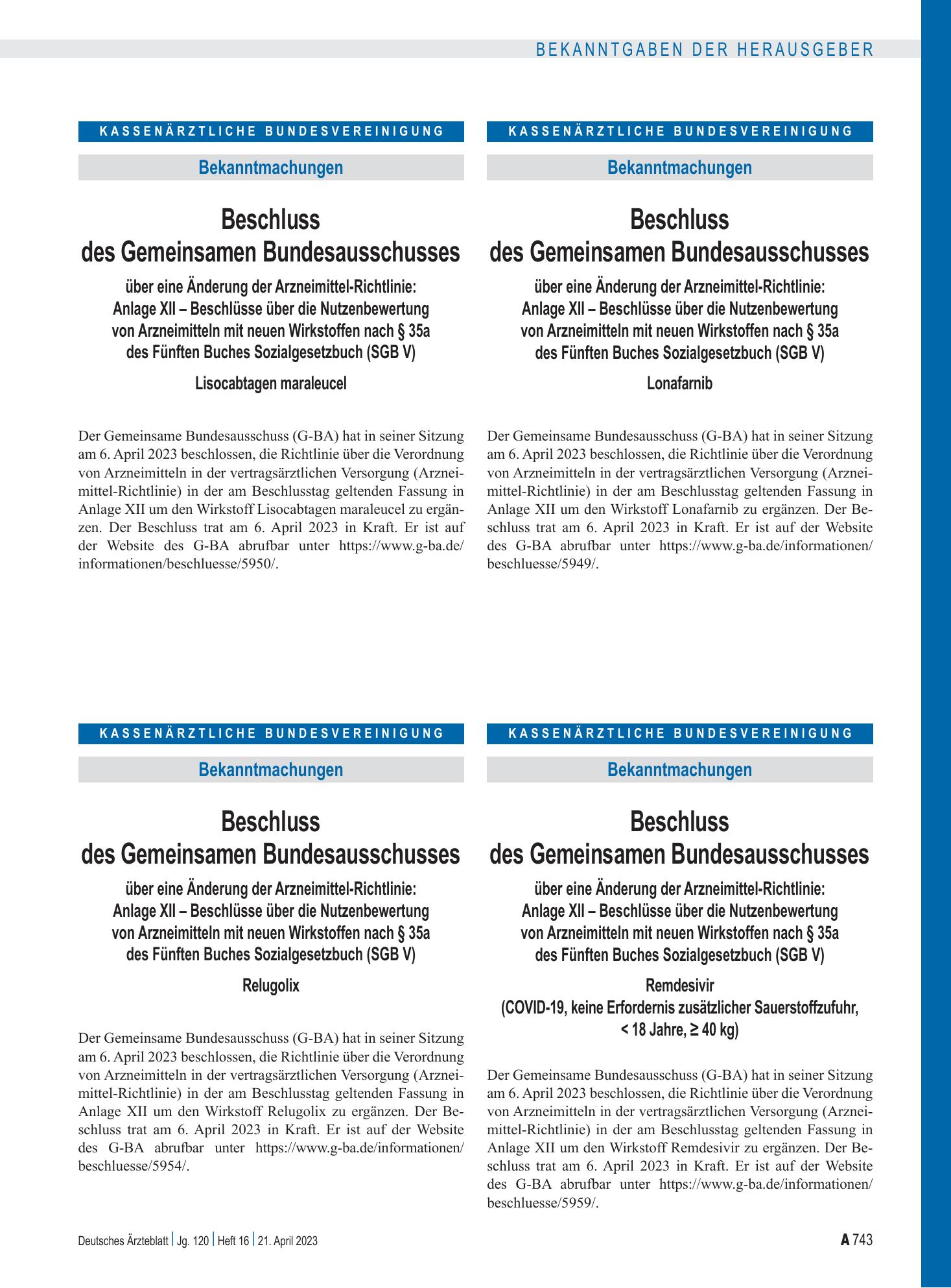 Vorschauseite 1: Beschluss des Gemeinsamen Bundesausschusses über eine Änderung der Arzneimittel-Richtlinie: Anlage XII – Relugolix – Deutsches Ärzteblatt