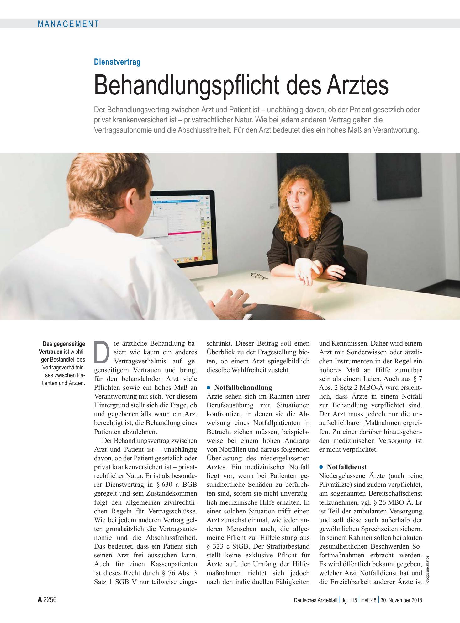 Vorschauseite 1: Dienstvertrag: Behandlungspflicht des Arztes – Deutsches Ärzteblatt