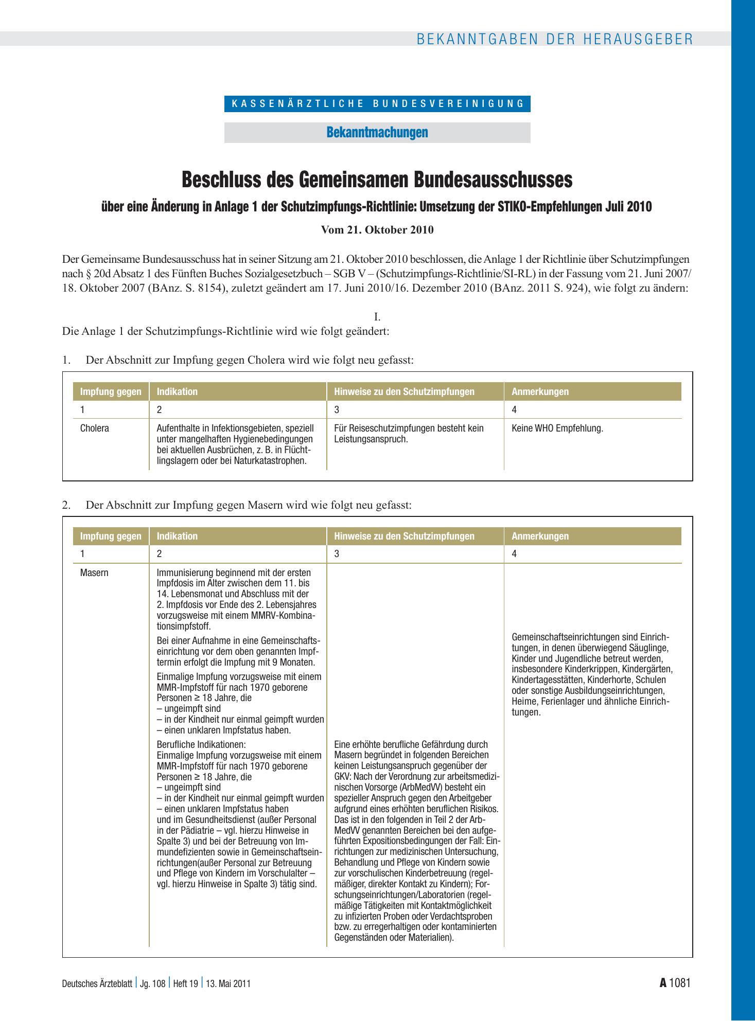 Vorschauseite 1: Beschluss des Gemeinsamen Bundesausschusses über eine Änderung in Anlage 1 der Schutzimpfungs-Richtlinie: Umsetzung der STIKO-Empfehlungen Juli 2010 – Deutsches Ärzteblatt
