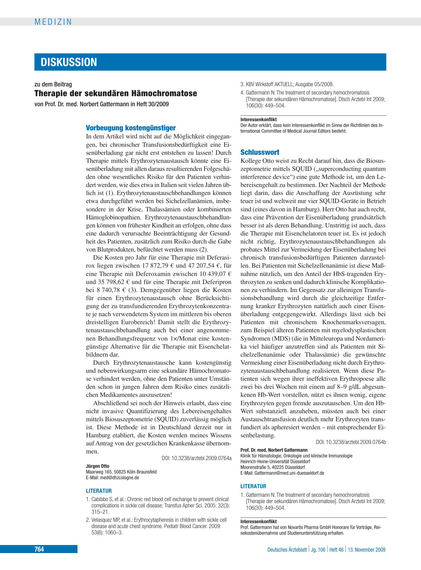 Vorschauseite 1: Therapie der sekundären Hämochromatose: Vorbeugung kostengünstiger – Deutsches Ärzteblatt