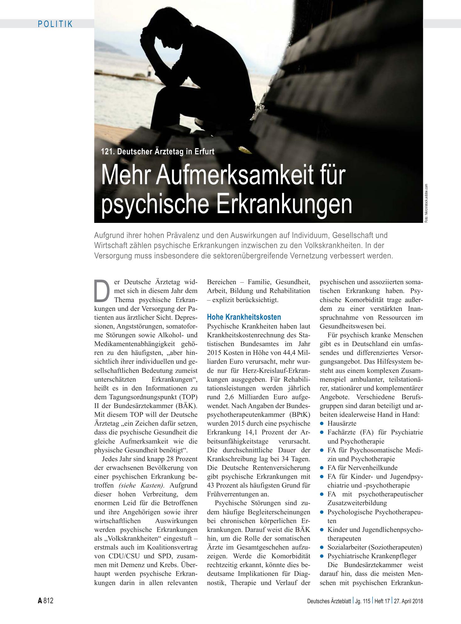 Vorschauseite 1: 121. Deutscher Ärztetag in Erfurt: Mehr Aufmerksamkeit für psychische Erkrankungen – Deutsches Ärzteblatt