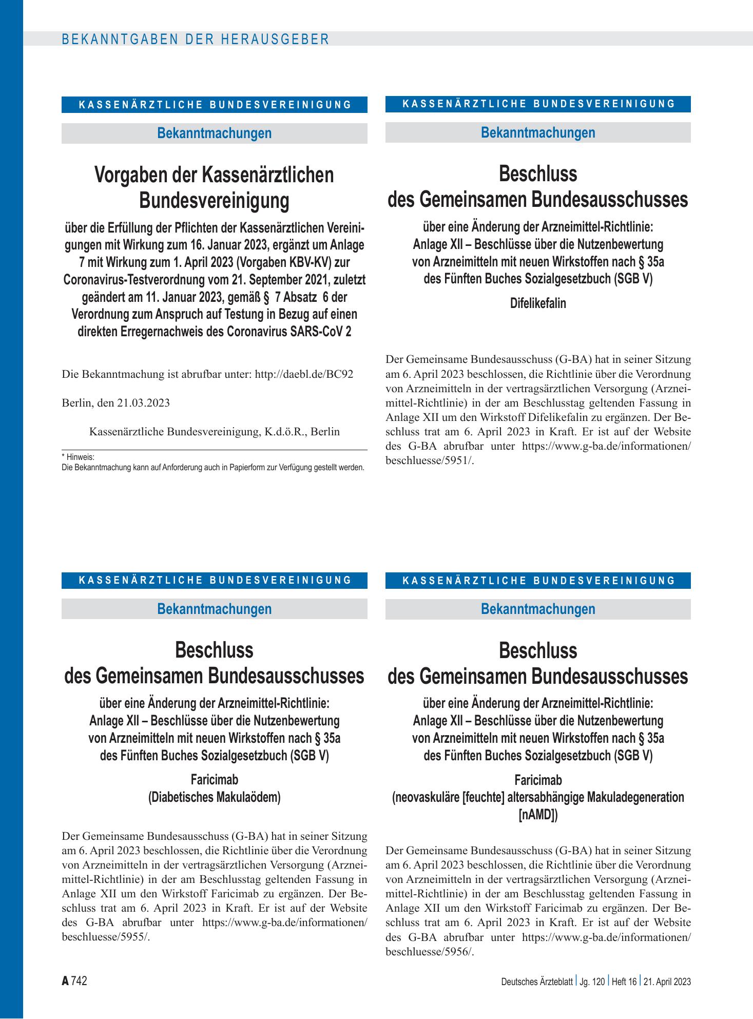 Vorschauseite 1: Beschluss des Gemeinsamen Bundesausschusses über eine Änderung der Arzneimittel-Richtlinie: Anlage XII – Faricimab (Diabetisches Makulaödem) – Deutsches Ärzteblatt