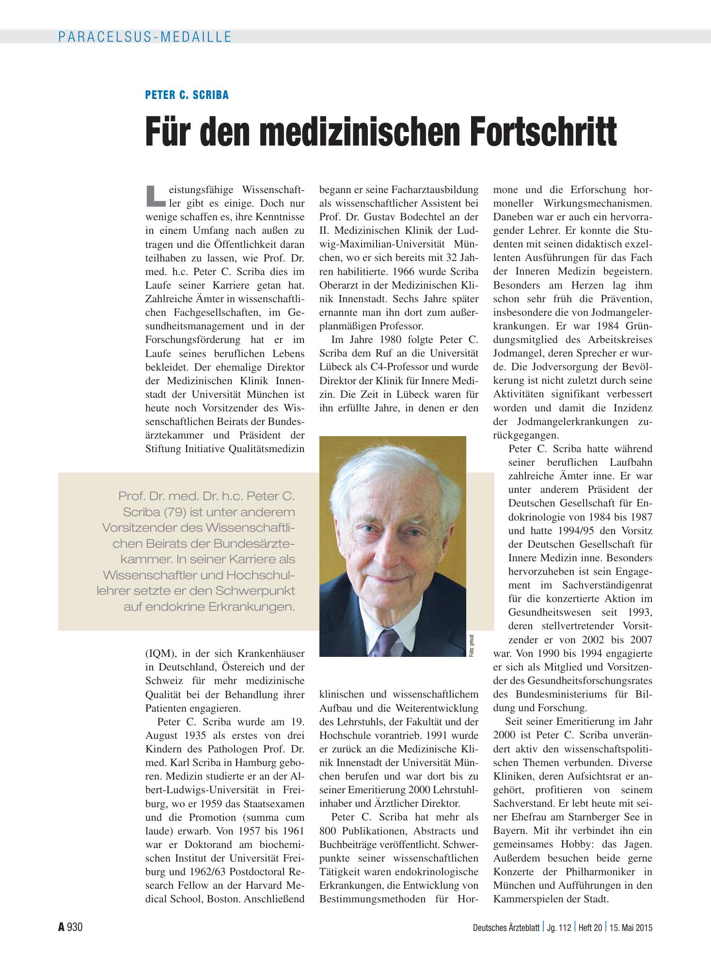 Vorschauseite 1: Peter C. Scriba: Für den medizinischen Fortschritt – Deutsches Ärzteblatt