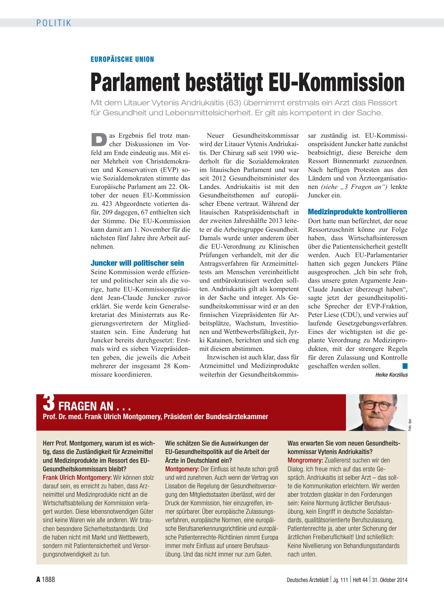 Vorschauseite 1: Europäische Union: Parlament bestätigt EU-Kommission – Deutsches Ärzteblatt