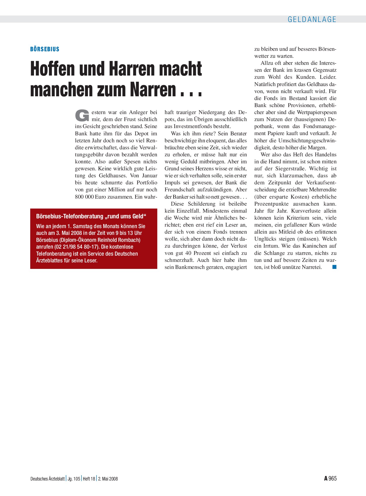 Vorschauseite 1: Börsebius: Hoffen und Harren macht manchen zum Narren . . . – Deutsches Ärzteblatt