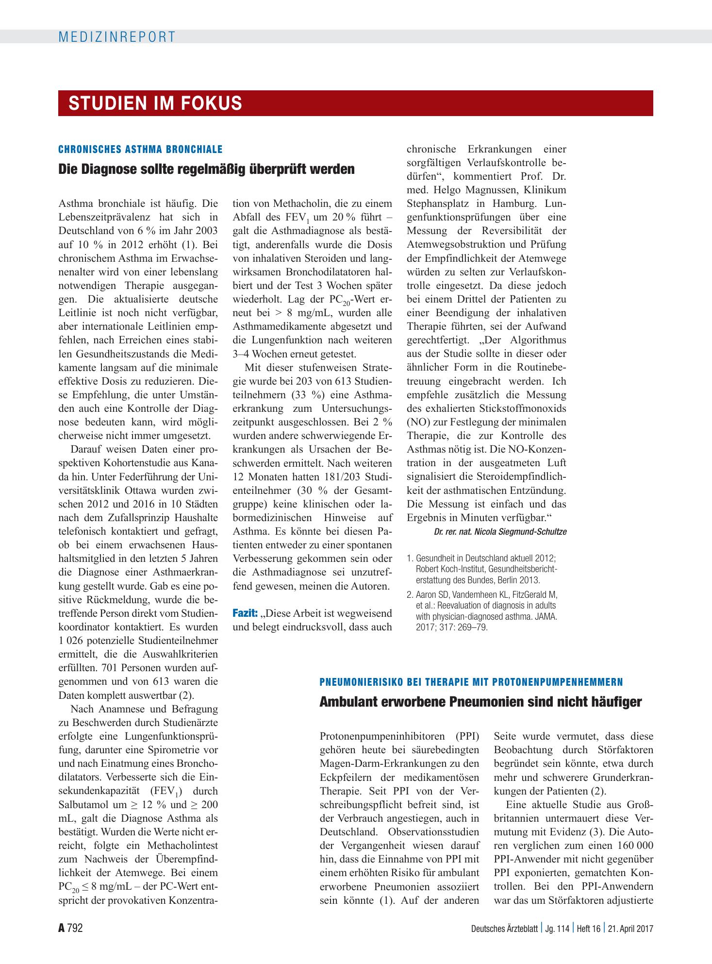 Vorschauseite 1: Chronisches Asthma bronchiale: Die Diagnose sollte regelmäßig überprüft werden – Deutsches Ärzteblatt
