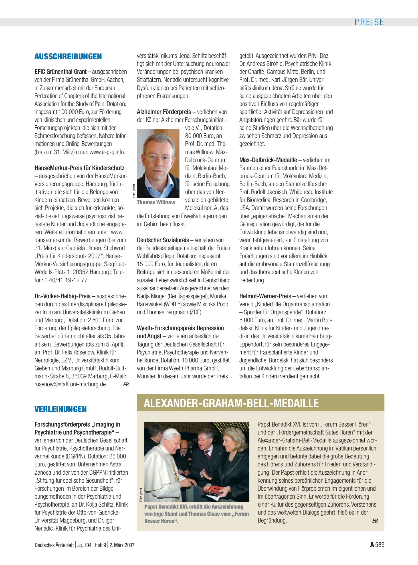 Vorschauseite 1: Alexander-Graham-Bell-Medaille – Deutsches Ärzteblatt