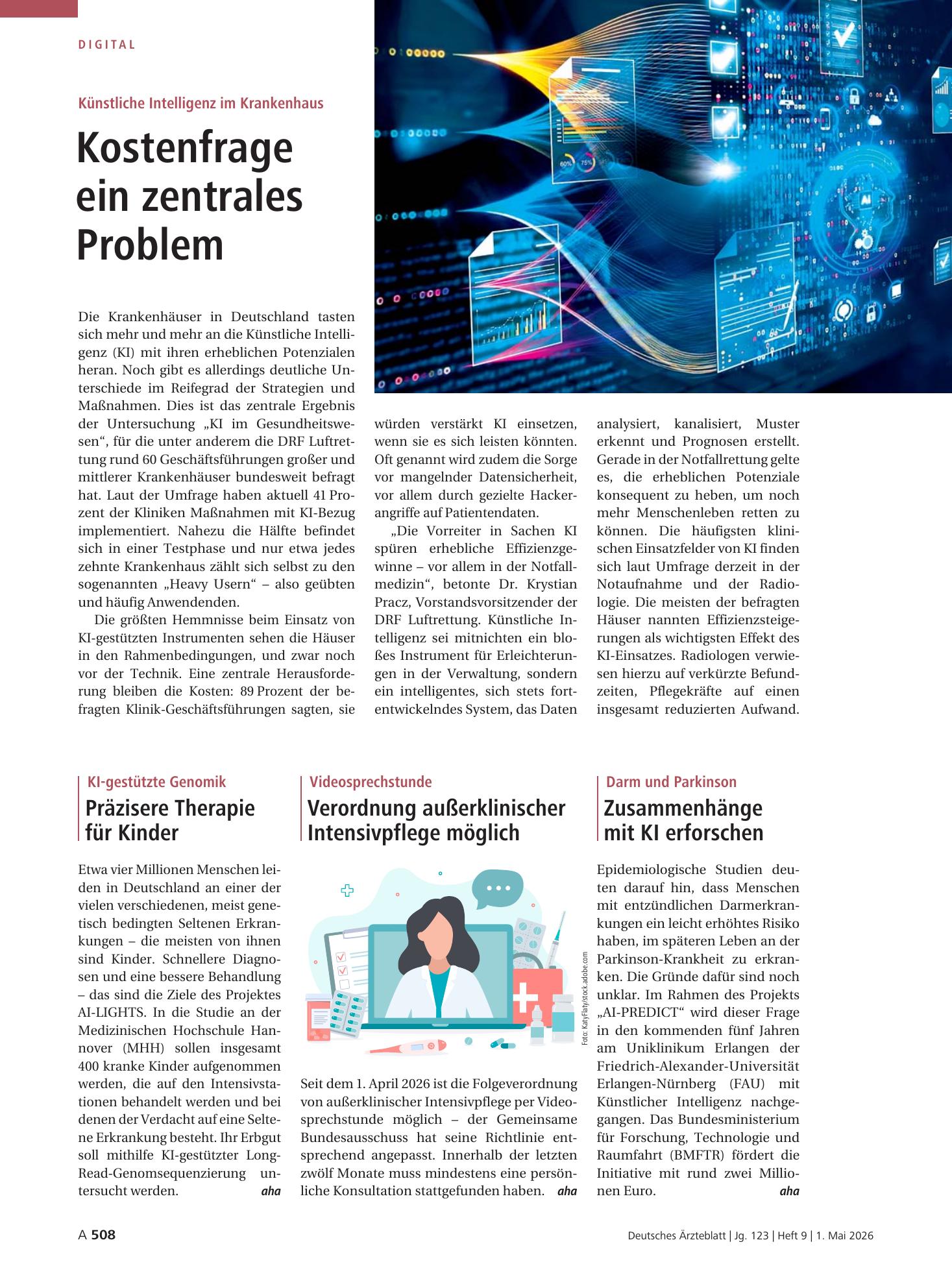 Vorschauseite 1: Künstliche Intelligenz im Krankenhaus: Kostenfrage ein zentrales Problem – Deutsches Ärzteblatt