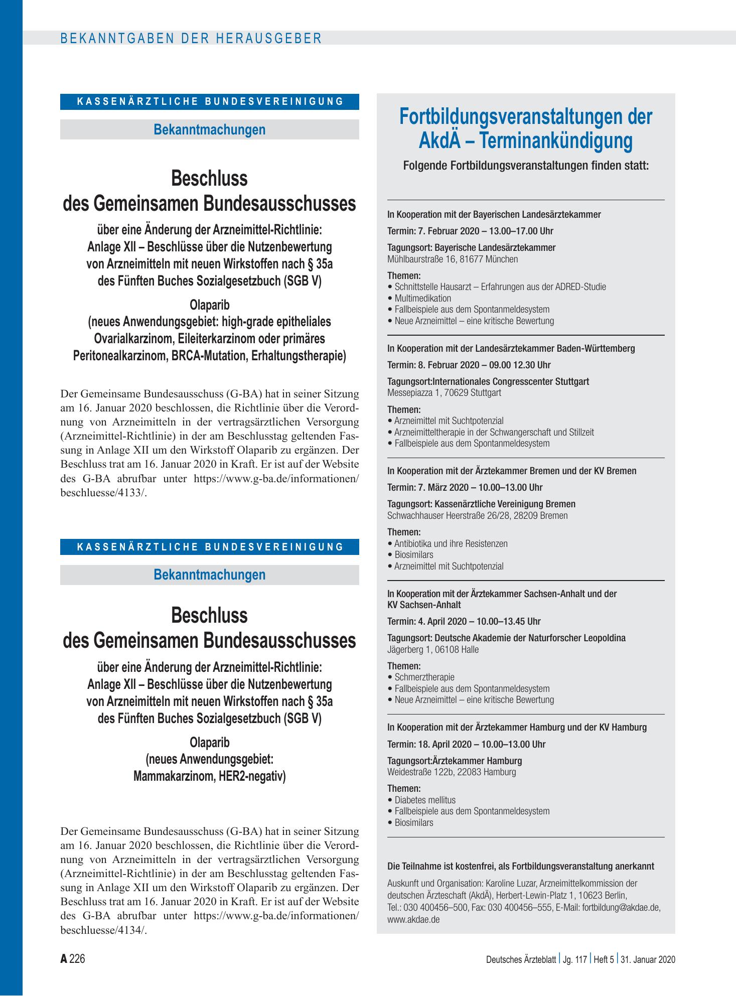 Vorschauseite 1: Fortbildungsveranstaltungen der AkdÄ – Terminankündigung – Deutsches Ärzteblatt