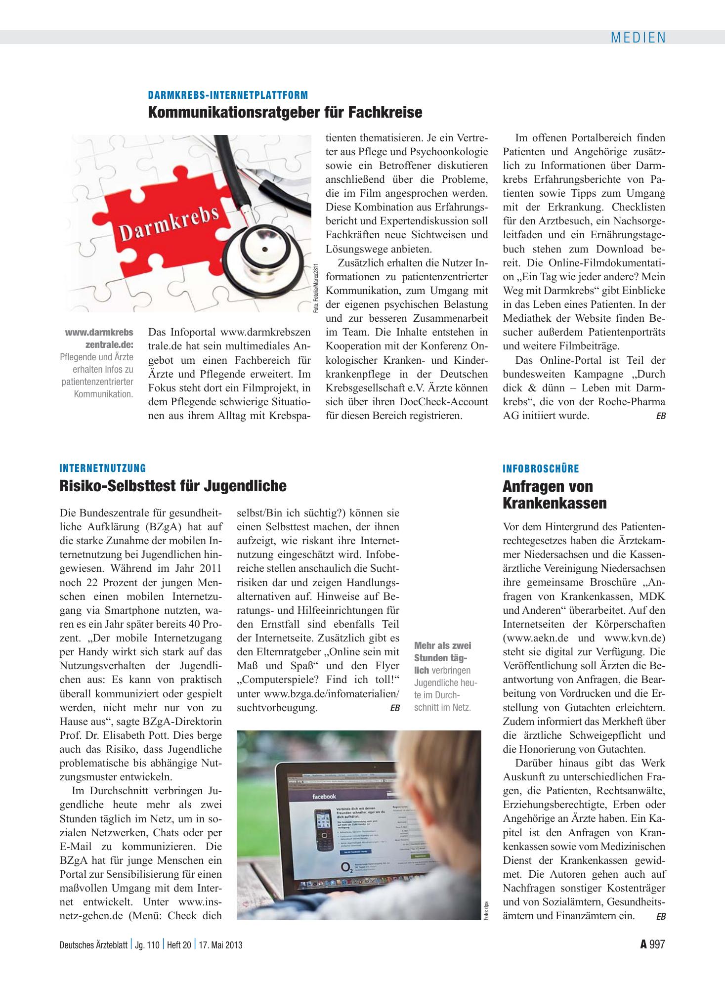Vorschauseite 1: Internetnutzung: Risiko-Selbsttest für Jugendliche – Deutsches Ärzteblatt