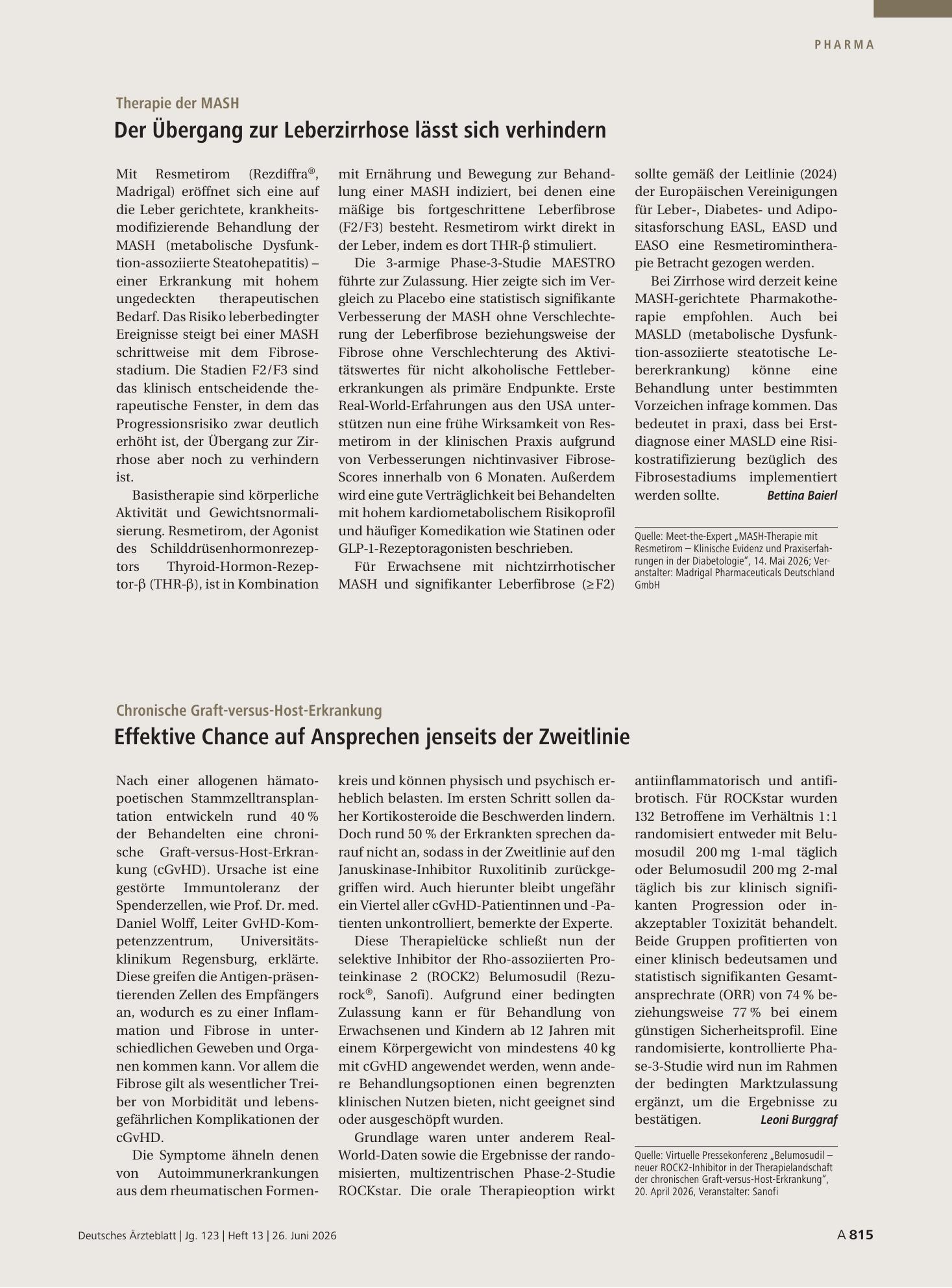Vorschauseite 1: Therapie der MASH: Der Übergang zur Leberzirrhose lässt sich verhindern – Deutsches Ärzteblatt