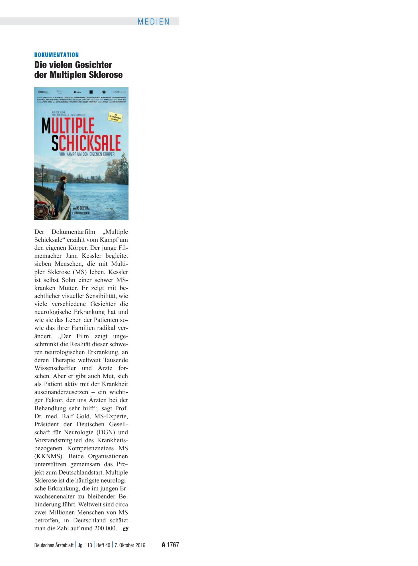Vorschauseite 1: Dokumentation: Die vielen Gesichter der Multiplen Sklerose – Deutsches Ärzteblatt