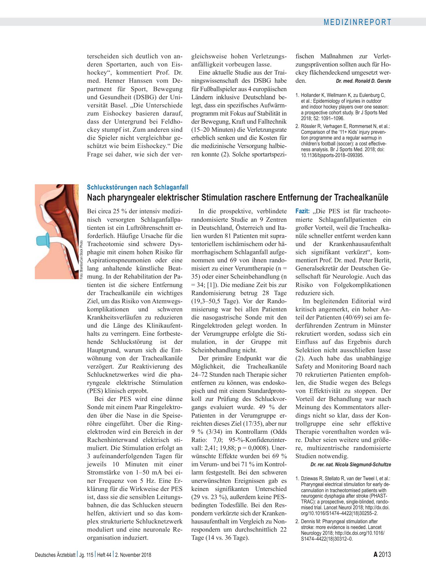 Vorschauseite 1: Schluckstörungen nach Schlaganfall: Nach pharyngealer elektrischer Stimulation raschere Entfernung der Trachealkanüle – Deutsches Ärzteblatt