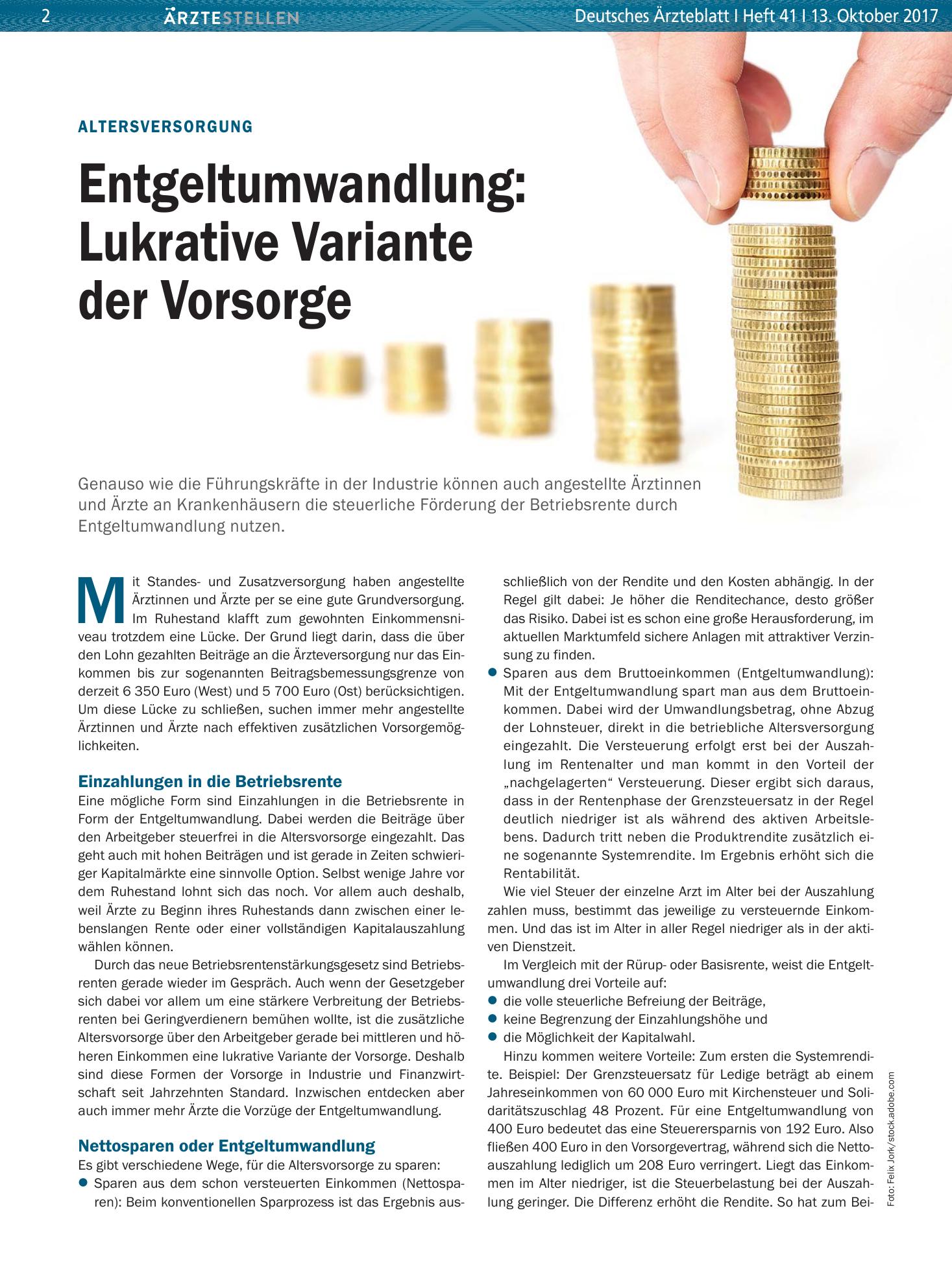 Vorschauseite 1: Altersversorgung: Entgeltumwandlung – Lukrative Variante der Vorsorge – Deutsches Ärzteblatt