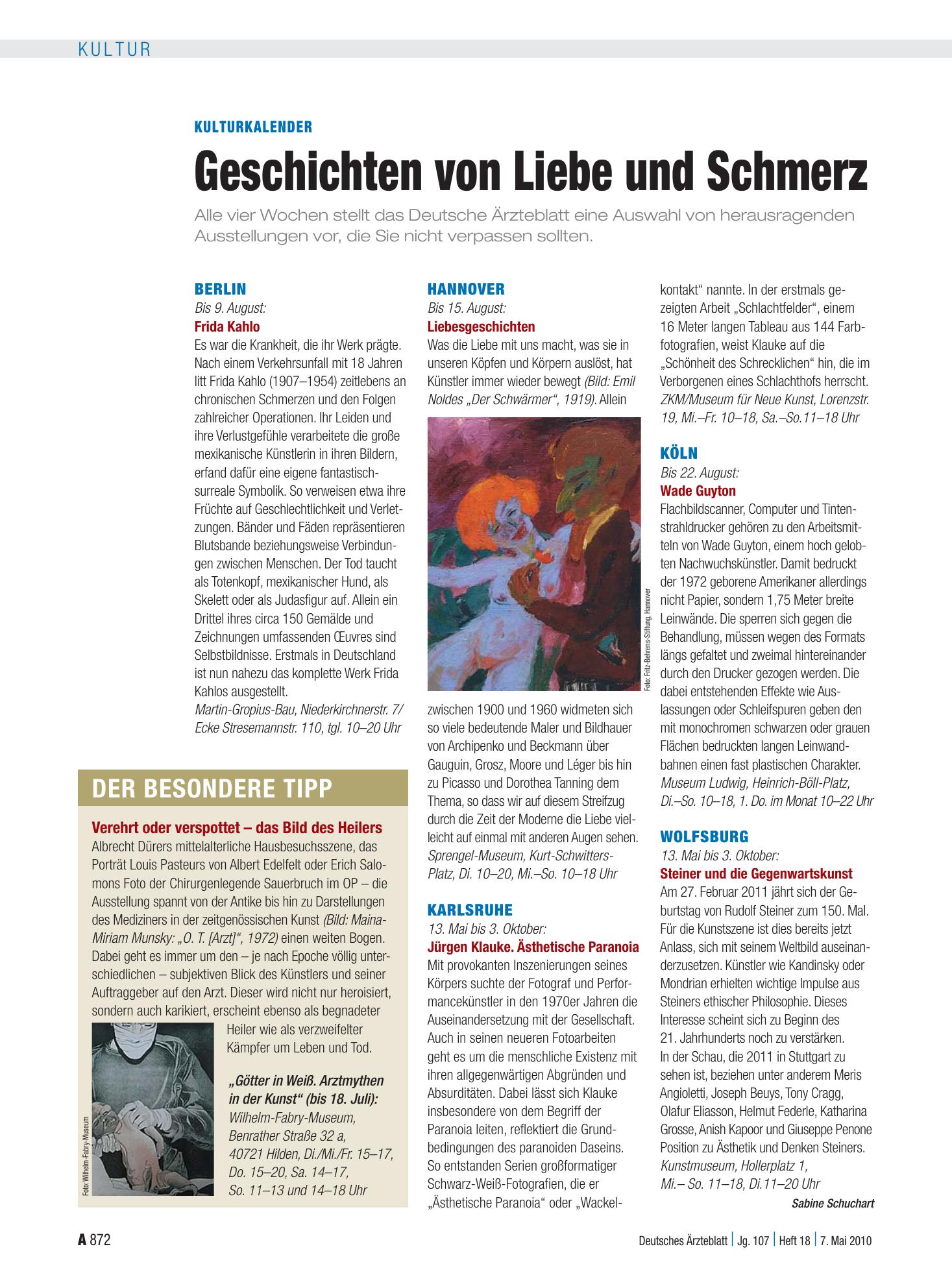 Vorschauseite 1: Kulturkalender: Geschichten von Liebe und Schmerz – Deutsches Ärzteblatt