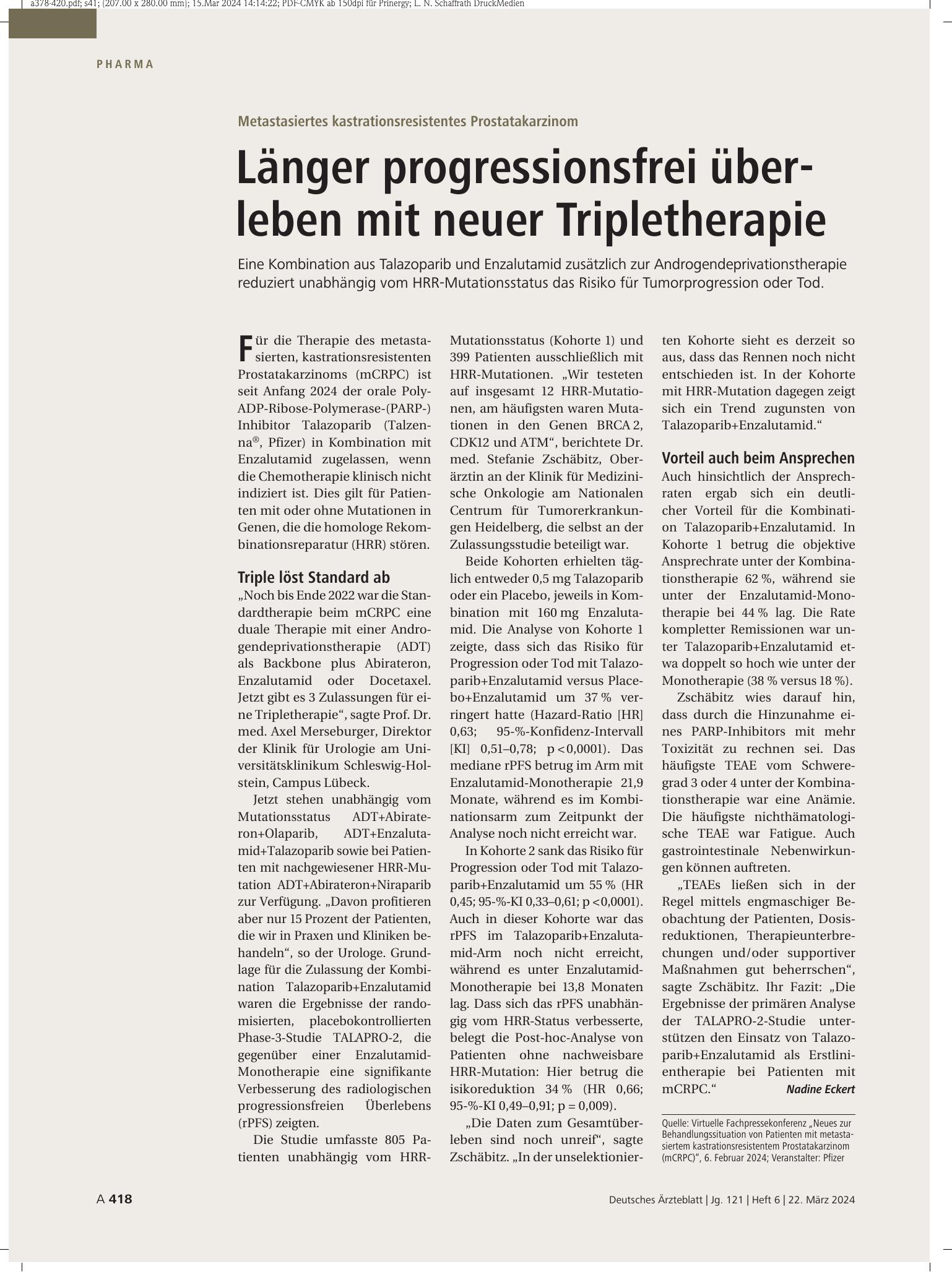 Vorschauseite 1: Metastasiertes kastrationsresistentes Prostatakarzinom: Länger progressionsfrei überleben mit neuer Tripletherapie – Deutsches Ärzteblatt