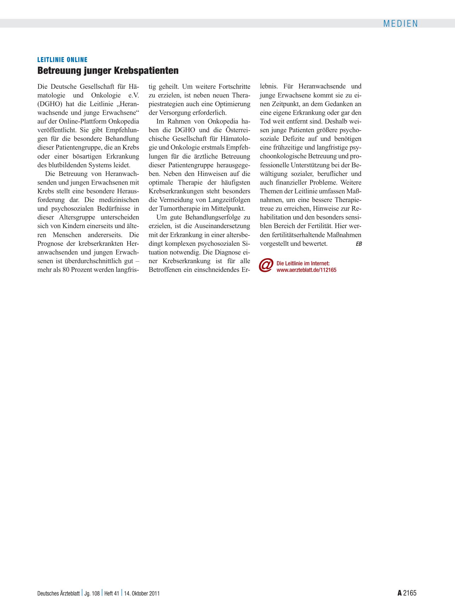 Vorschauseite 1: Leitlinie online: Betreuung junger Krebspatienten – Deutsches Ärzteblatt